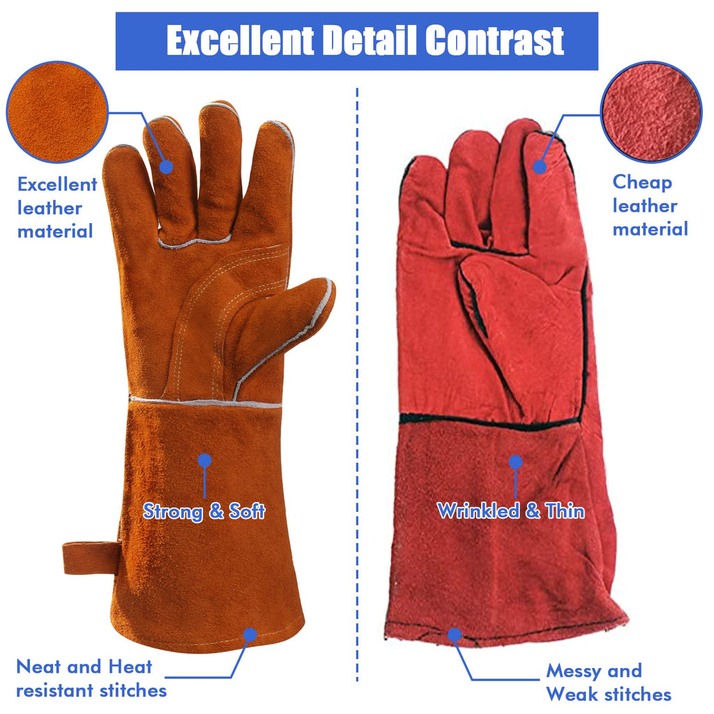 QeeLink Welding Gloves - Heat Resistant Leather and Fireproof Stitching for Fireplace Fire Pit Wood Stove BBQ Gardening Gear