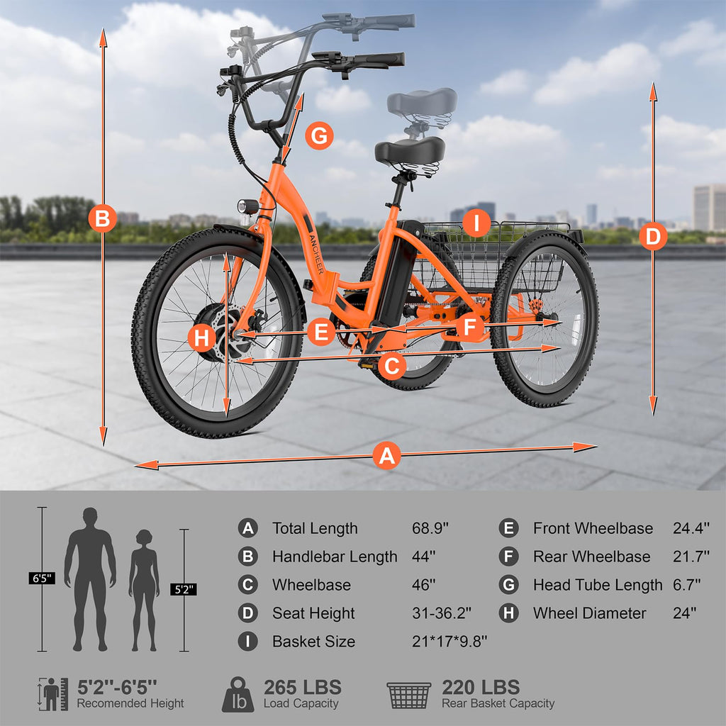 ANCHEER Electric Tricycle for Adults, Peak 600W Folding Electric Trike, 24" 499Wh Ebike for Seniors, 15.5MPH Electric Bike, Removable Battery, 3 Wheel, LCD, Rear Differential, Basket