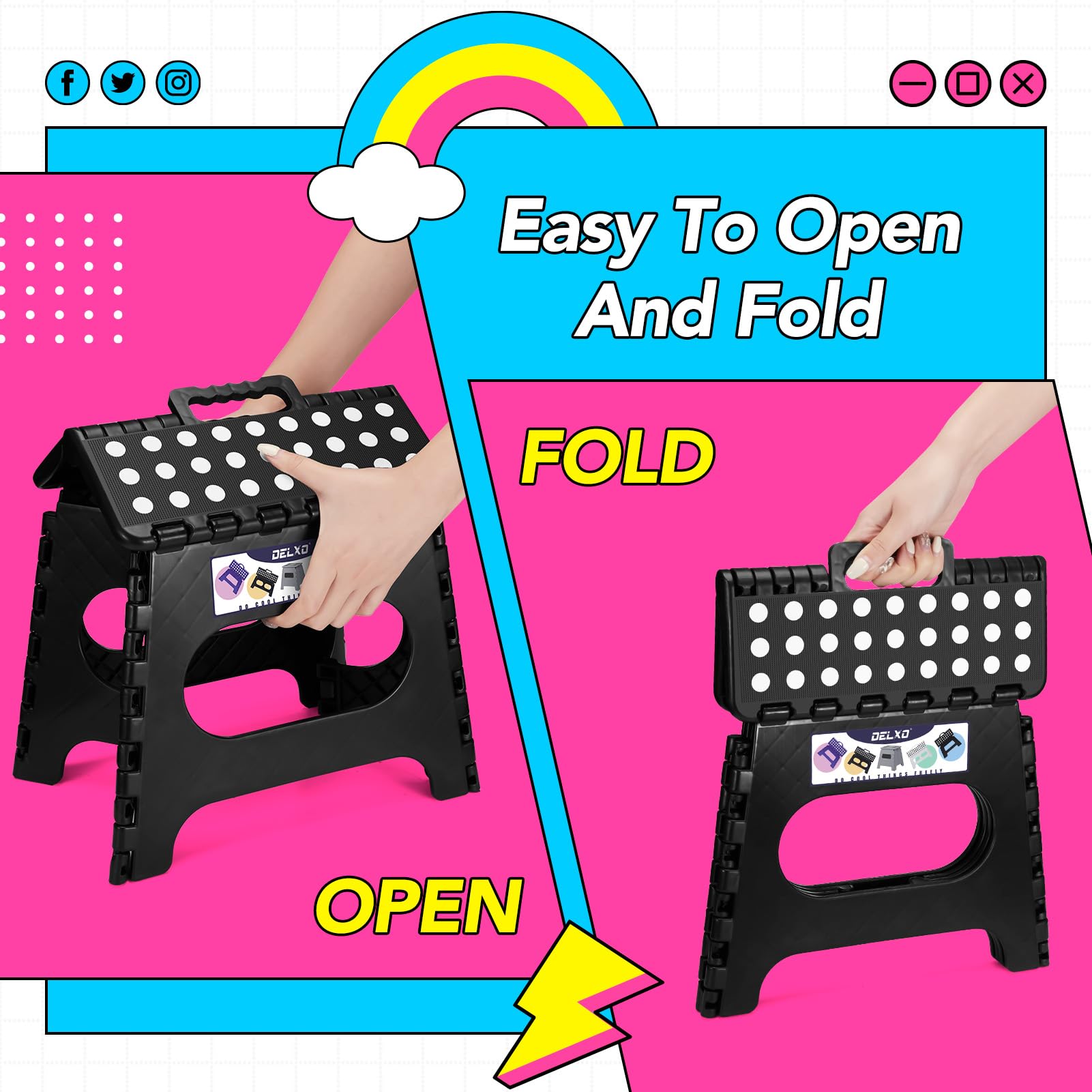 Delxo 11 inch 2 Pack Folding Step Stool, Non-Slip Foldable Stools Up to 300 LBS, Step Stool with Handle, Lightweight Collapsible stools for Kitchen, Bathroom, Bedroom, Garden (Black)