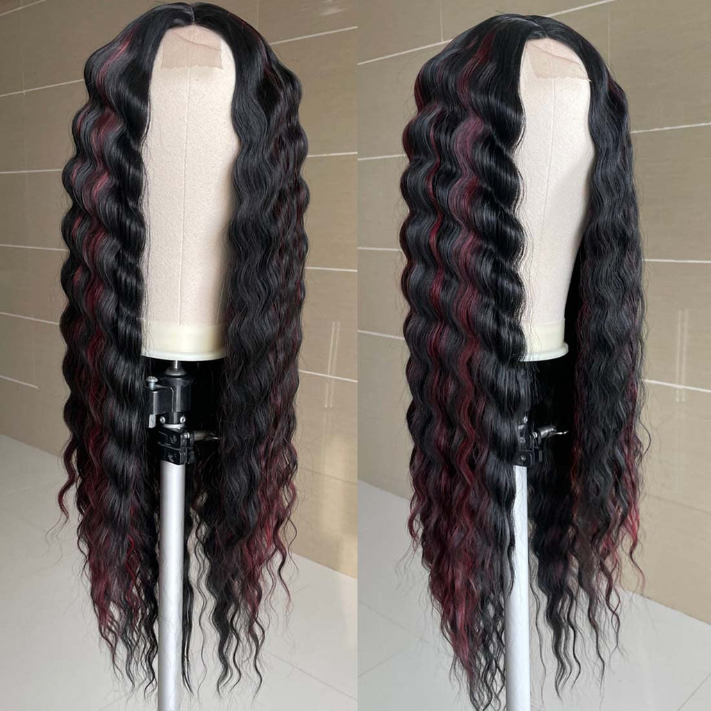 INSTASTYLE 30 Inch Synthetic Curly Wigs for Women Long Black Hair Wig Lace Front 4" Simulated Scalp Natural Loose Deep Wave Crimps Curls Wig As Hair Replacement Wigs 1B