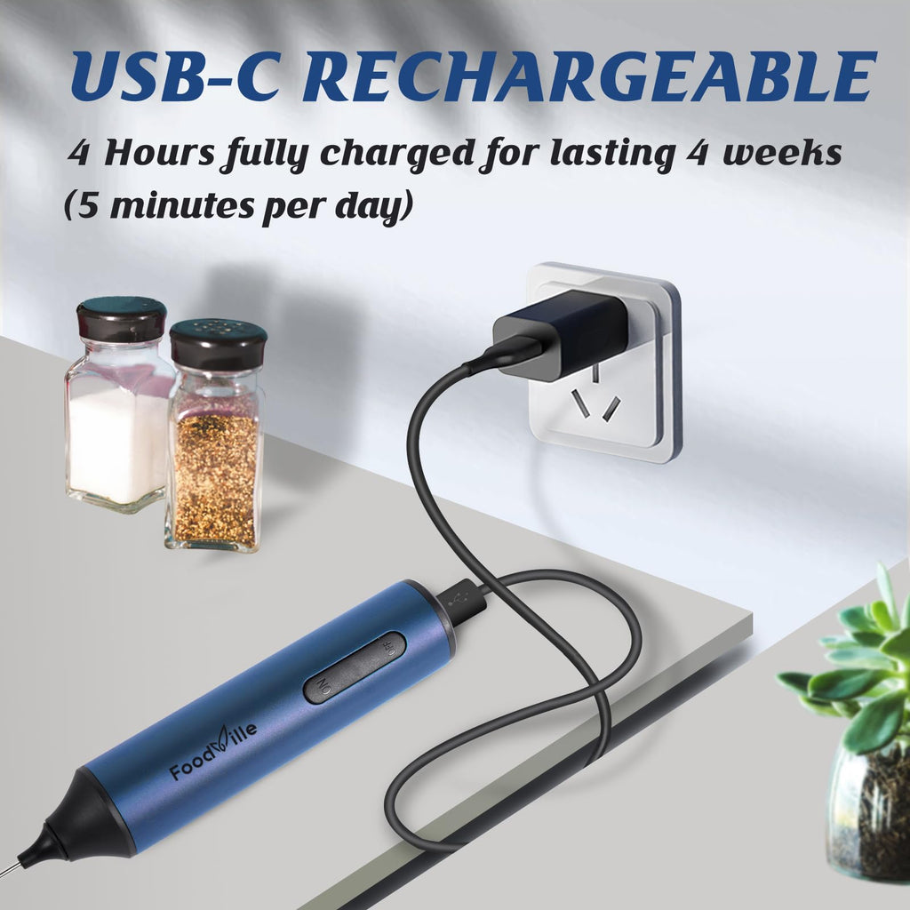 FoodVille MF05 Rechargeable Milk Frother USB Charging Handheld Foam Maker with Stainless Balloon Whisk for Cappuccino, Latte, Bulletproof Coffee, Keto Diet, Protein Powder, Matcha (Black)