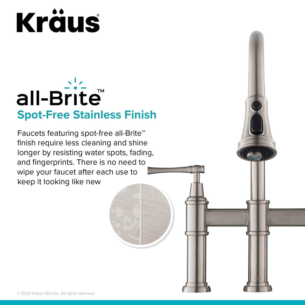 KRAUS Allyn Transitional Bridge Kitchen Faucet with Pull-Down Sprayhead in Brushed Gold, KPF-3121BG