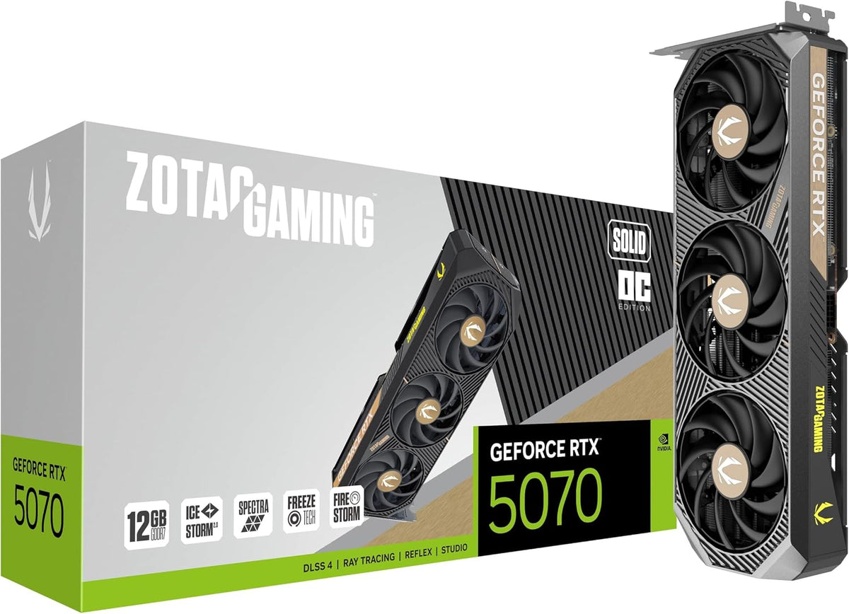 ZOTAC Gaming GeForce RTX 5070 Solid OC DLSS 4 12GB GDDR7 192-bit 28 Gbps PCIE 5.0 Gaming Graphics Card, IceStorm 2.0 Cooling, Spectra RGB Lighting, ZT-B50700J-10P