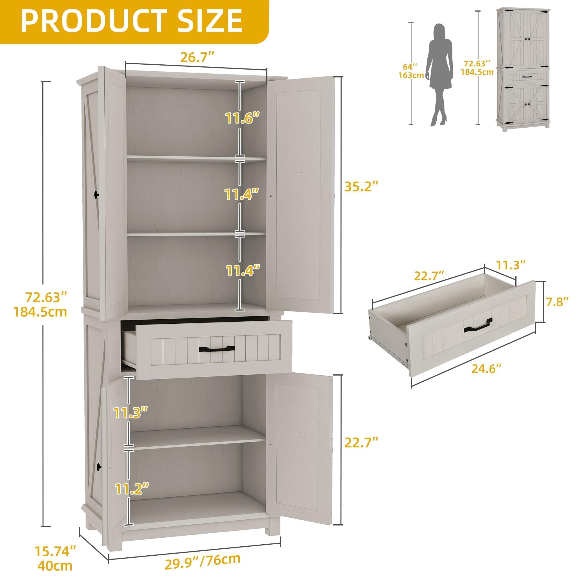 DWVO Farmhouse Kitchen Pantry Cabinet, 64.5" Tall Storage Cabinet with 2 Drawers and Adjustable Shelves, Versatile Storage for Living Room, Dining Room or Hallway, Oak Black