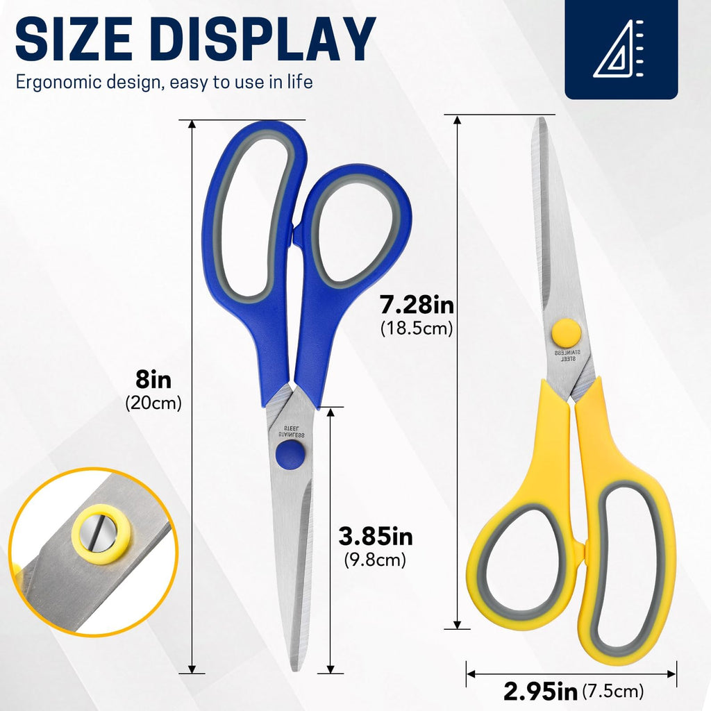 BURVAGY 8" 12 Pack All Purpose Heavy Duty Scissors- Comfort-Grip Sharp Scissors for Office School Sewing Fabric Craft High/Middle School Student Teacher Scissor, Right/Left Hand