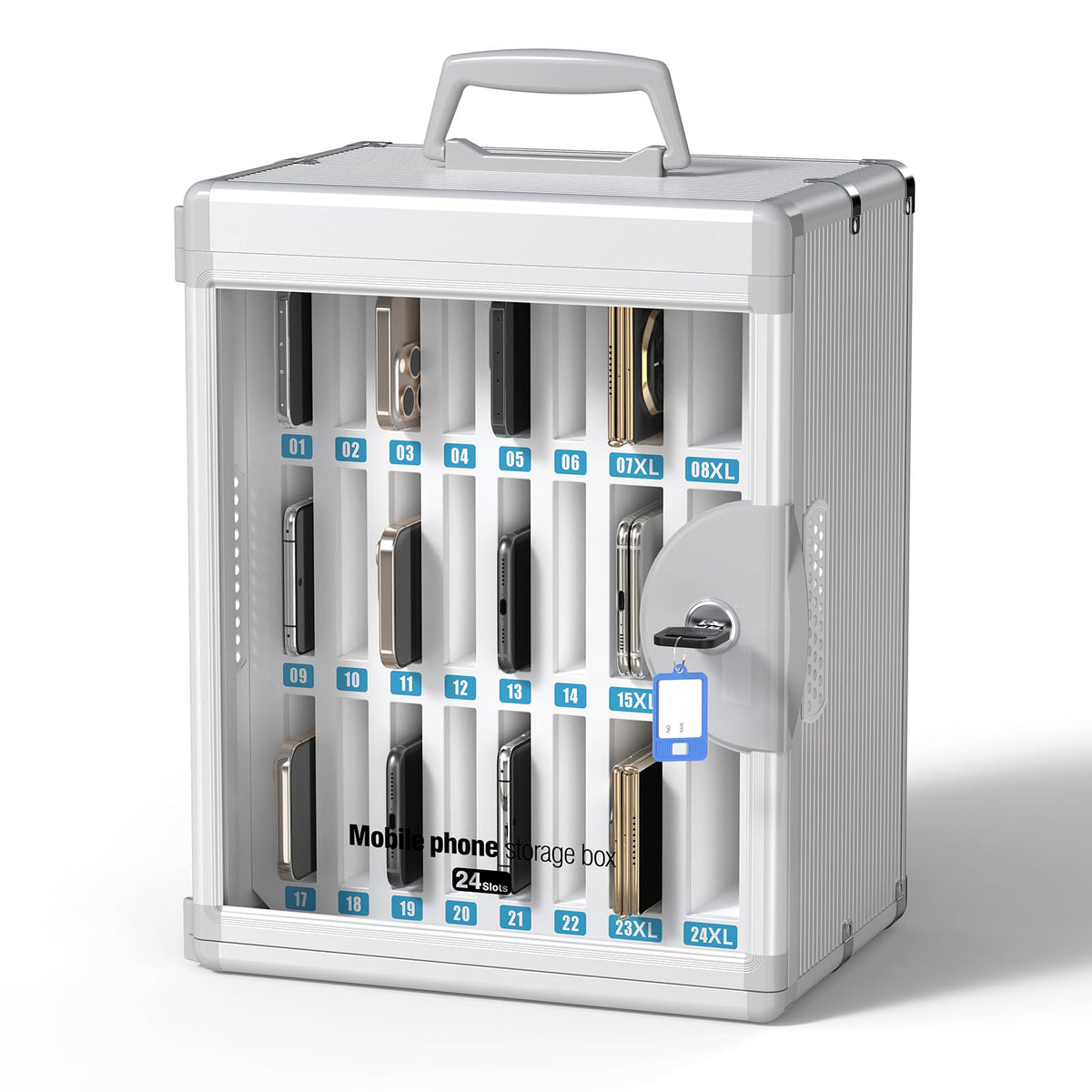 Glosen Cell Phone Locker 24 Slots, Portable Phone Storage Cabinet [Wall Mounted] [Silver 24 Slots-Universal Key ] Aluminum Alloy Cellphone Lock Box with Key & Handle for School Classroom Office Exam