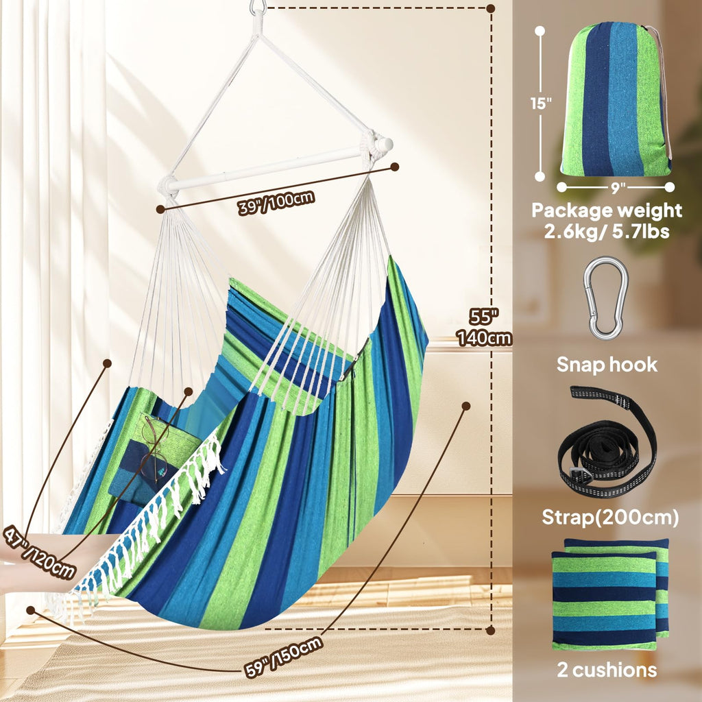 Chihee Hammock Chair Hanging Swing Max 500 Lbs 2 Cushions Included Metal Spreader Bar with Anti-Slip Grooves Portable Hanging Chair Side Pocket Large Macrame Bohemian Chair Indoor Outdoor | Hanging Swing with Anti-Slip Grooves Portable Hanging Chair Side