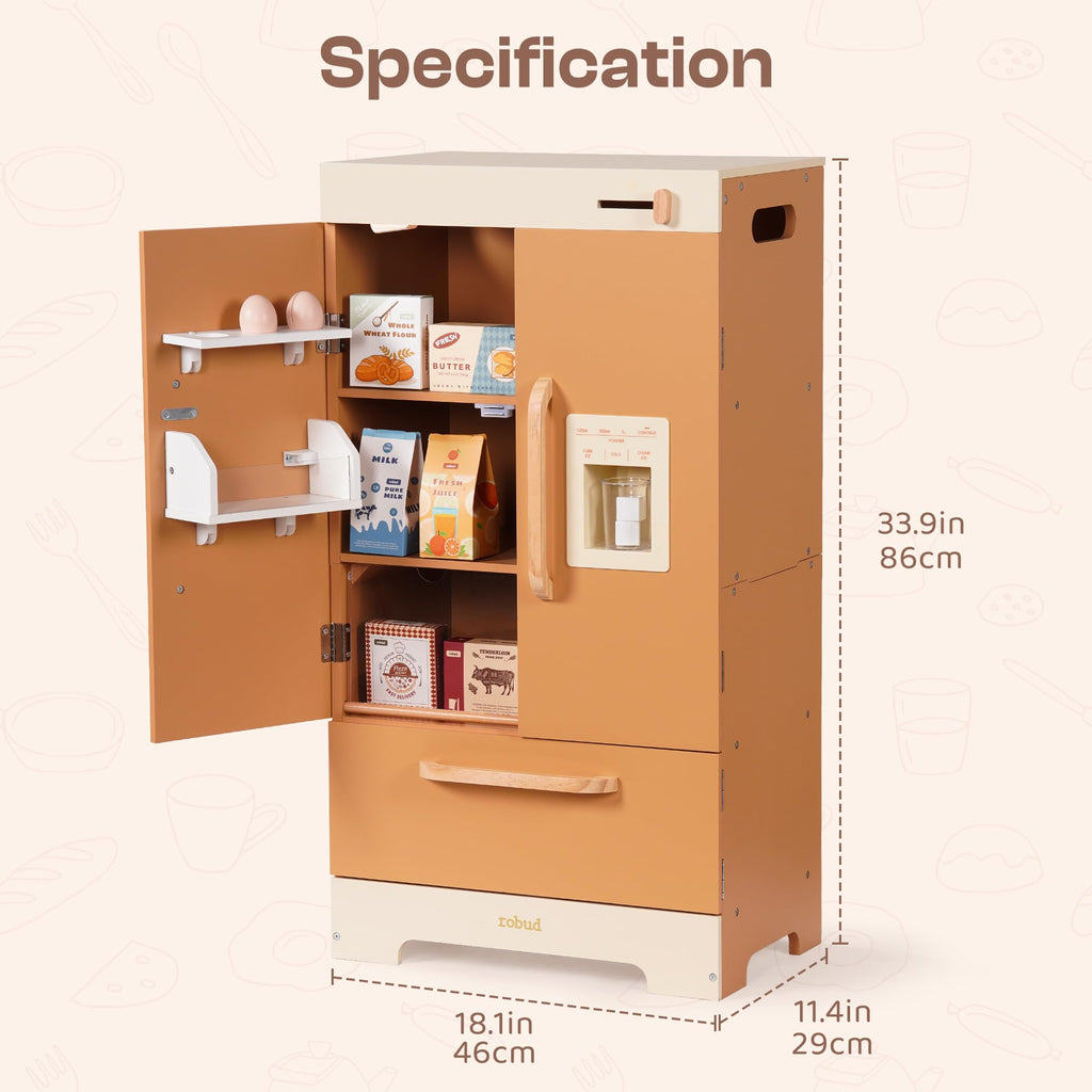 ROBUD Wooden Play Kitchen Fridge, Toy Kitchen Refrigerator, Kids Fridge Freezer Set with Ice Maker, Kitchen Playset Gift for Kids & Toddlers, Age 3+ (Caramel)