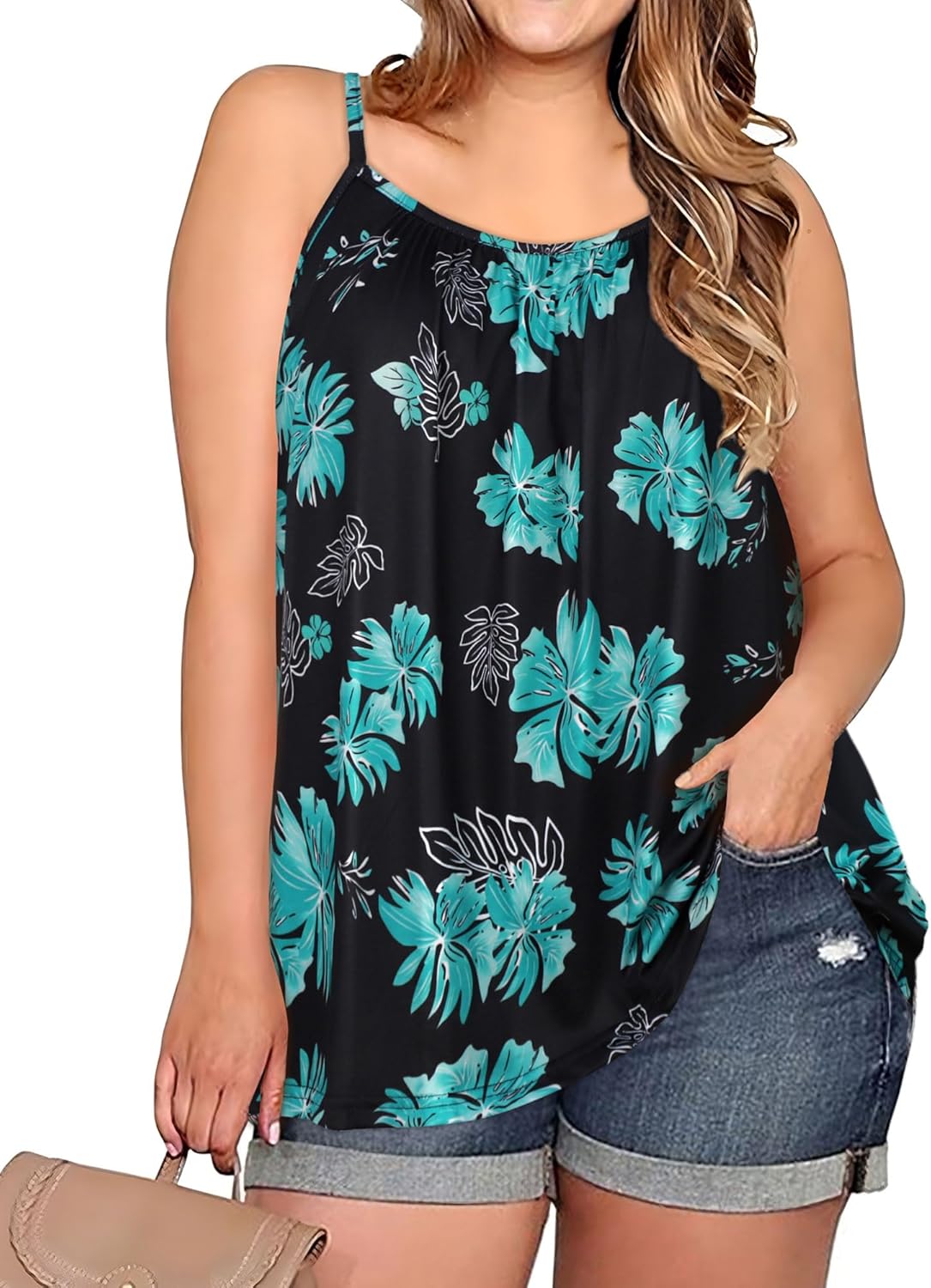 Plus Size Tank Tops for Women Boho Floral Loose Cami Spaghetti Strap Tunic Blouses
