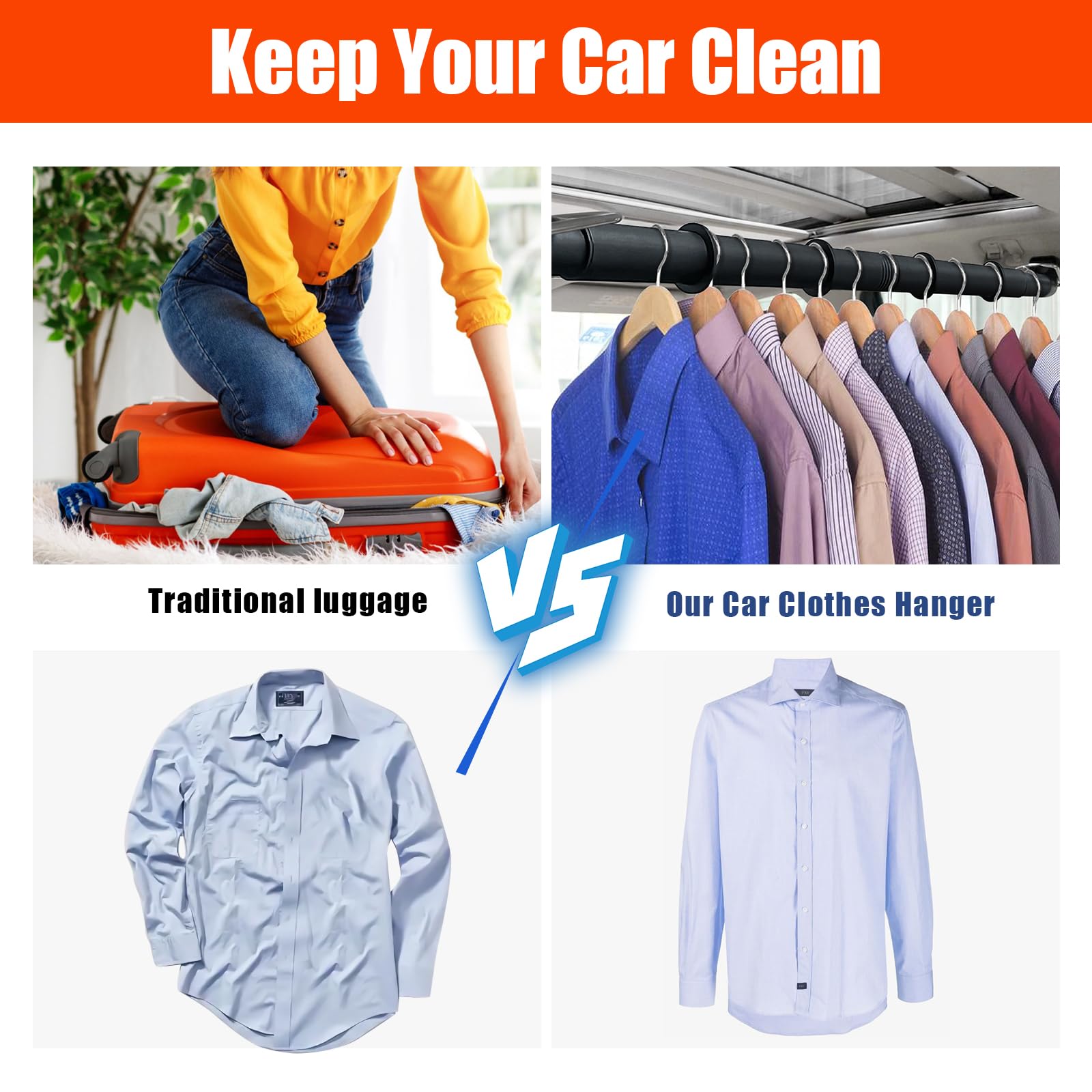 Car Clothes Hanger Bar, 30-63 Inches Expandable Heavy Duty Car Clothes Rack for Car Travel - Adjustable Clothes Storage Hanger Automotive Travel Hanging Rack for Most Cars,Trucks,SUVs,Road Travelers