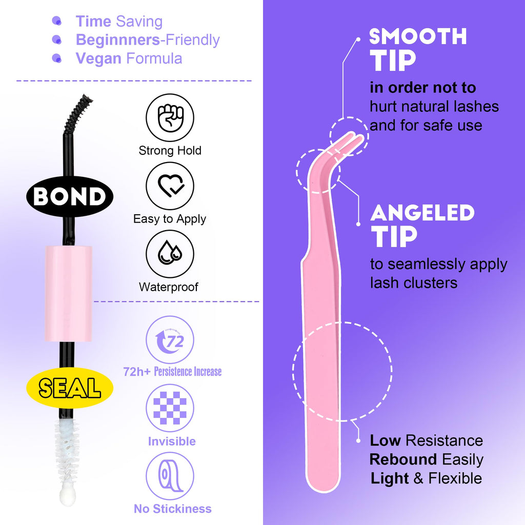 Pawotence Lash Extension Kit DIY 280pcs Individual Lash Clusters Kit 20D&30D Natural 9-15mm Cluster Eyelash Extensions Kit with Lash Bond and Seal, Tweezers for Self Use (20D&30D, 0.07D, 9-15mm, Kit)