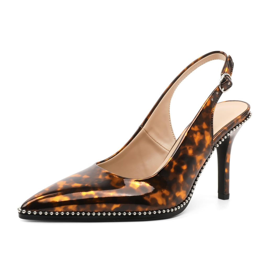 Zamikoo Women Beaded Pumps High Heel Slingback Pointed Toe Slip On 3.5 Inch Stilettos Ankle Strap Adjustable Buckle Patent Leather US Size 5 -Size 13