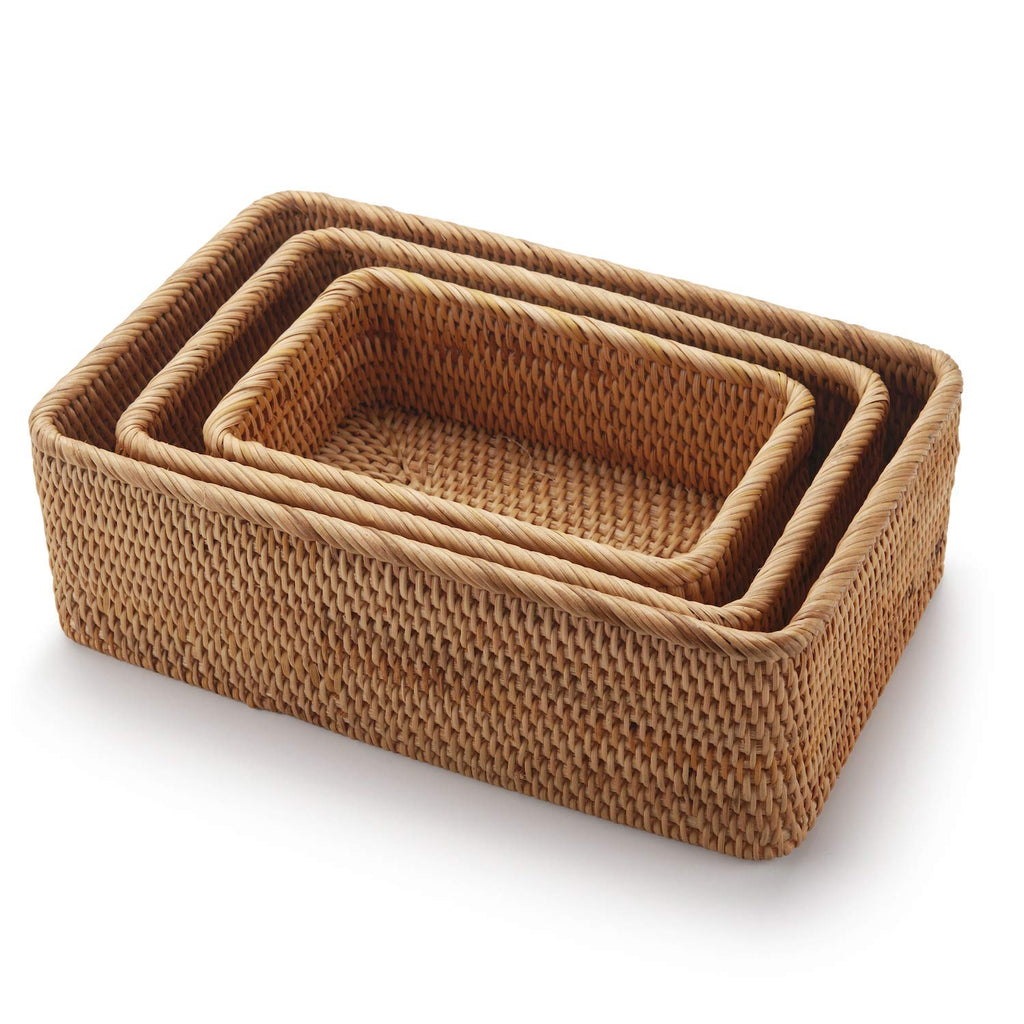 Natural Rattan Fruit Storage Baskets Rectangular Woven Wicker Box for Key Holder Remote Stackable Natural Set of 3