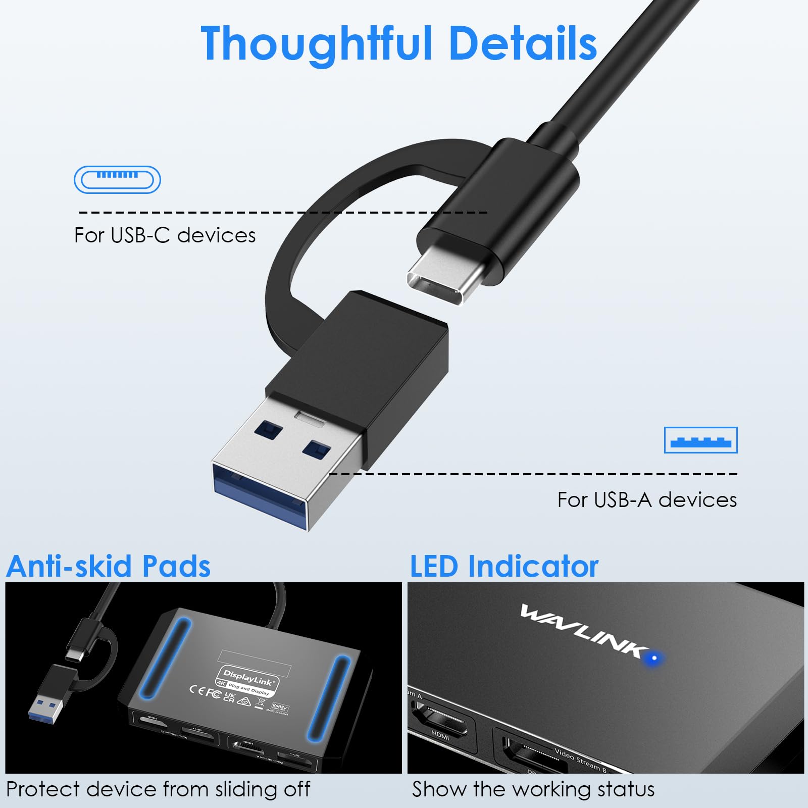 WAVLINK USB C or USB 3.0 to Dual HDMI/DisplayPort Adapter, Displaylink Monitor Splitter Extended Display for Dual Monitor 4K@60Hz, HDMI/DP Splitter Compatible with Mac M1-M5/Neo,Window Laptop-Black