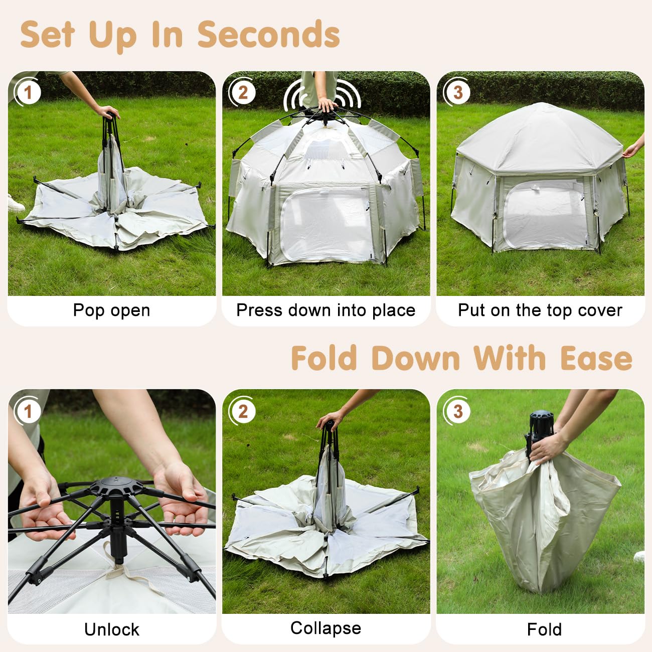 Pop Up Playpen for Baby, Portable Playpen for Babies and Toddlers with Removable Sun-Shades& 2 Side UV Covers, Lightweight Outdoor Baby Play-Pen for Beach Home with Travel Bag, Beige