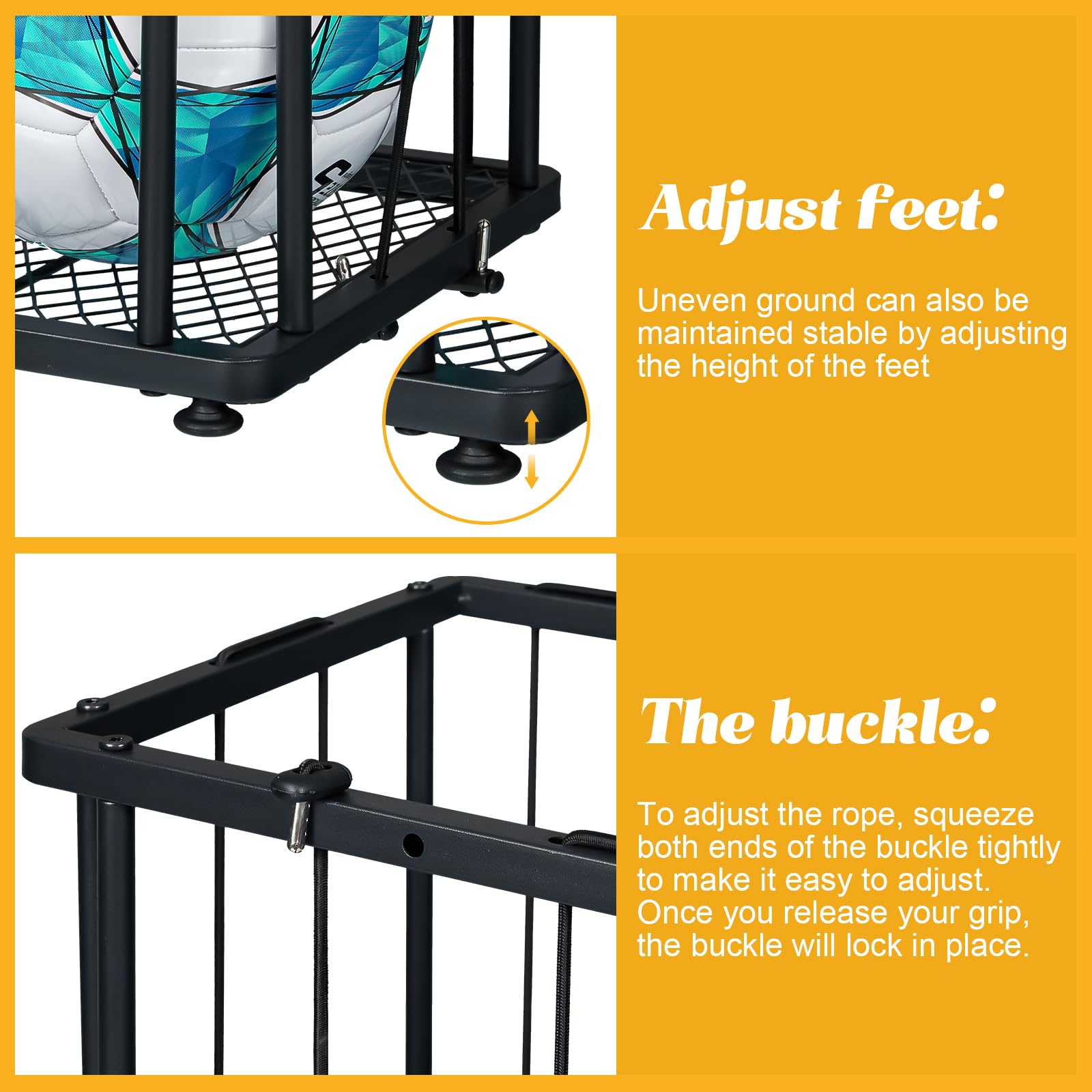 Hencawima Garage Ball Storage: Round Sports Equipment Organizer with Wheels, Sports Ball Rack With Elastic Rope, Ball Holder for Basketball, Soccer, Volleyball, Football, Garage, Gym, Outdoor (Black)