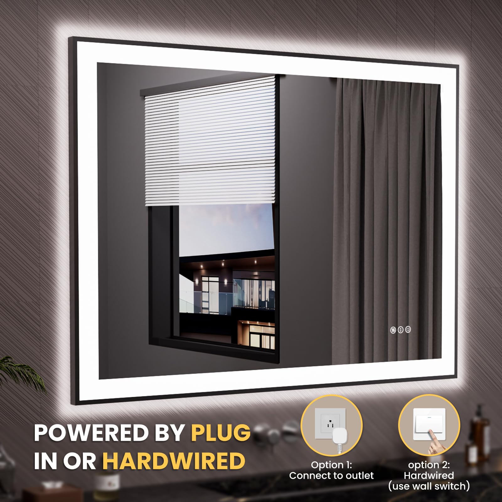 LOAAO 20"X28" LED Bathroom Mirror Black Framed | Anti-Fog, Dimmable, Memory Function, Tempered Glass, Lighted Vanity Mirror for Wall