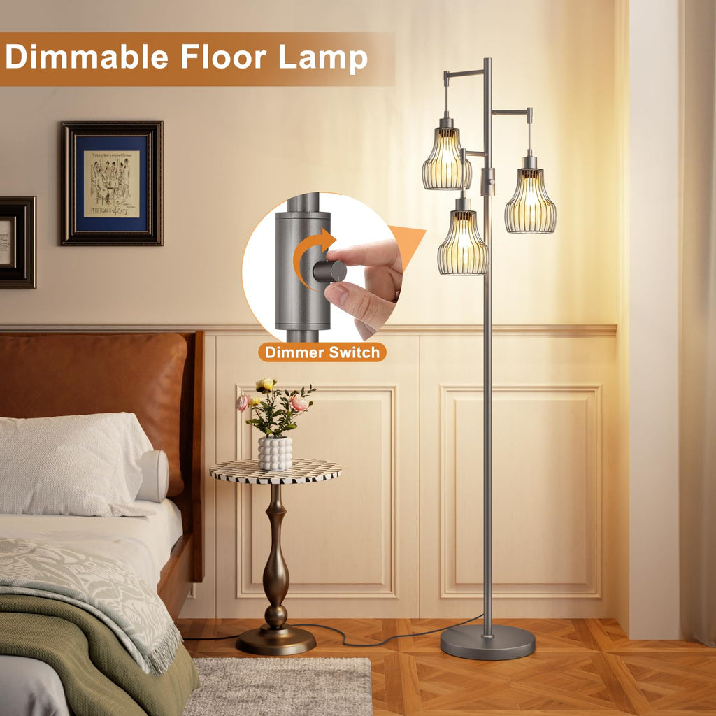Ziisee Dimmable Floor Lamps for Living Room, Industrial Tree Standing Tall Lamps with 3 Elegant Cage Shade & 800 Lumens LED Bulbs for Bedroom Office - Brown