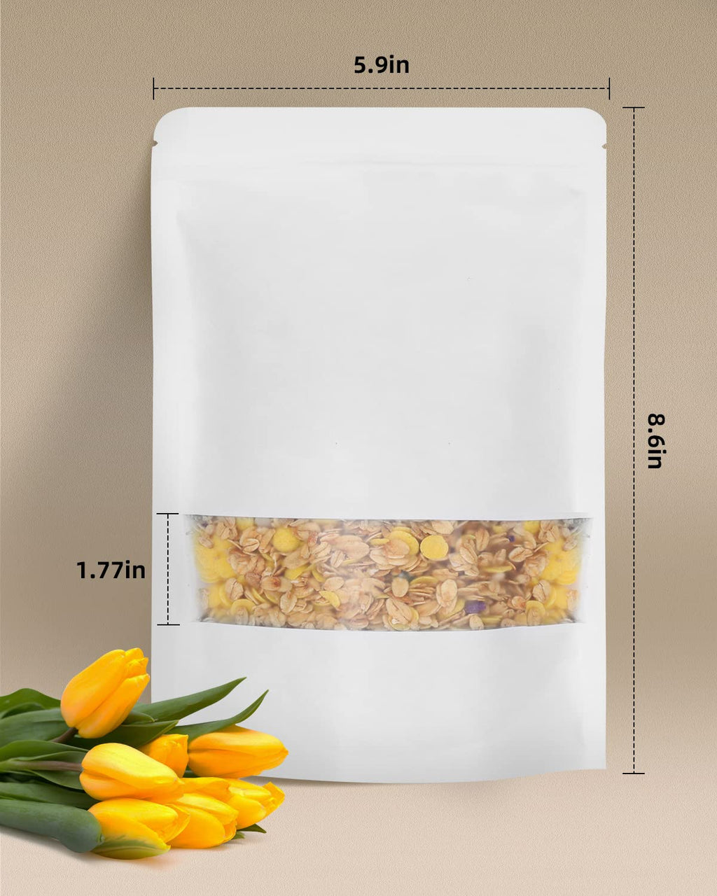 50pcs Kraft Bags with Window 3.5x5.5 Inches Brown Reusable Sealable Zip Lock Food Storage Stand up Paper Pouches for Home or Business