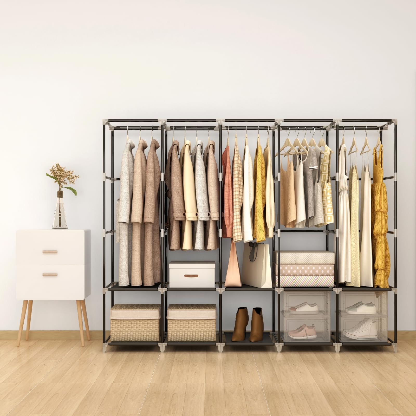 MOGELAFOO Portable Closet Wardrobe for Small Room, 35-Inch Clothing Organizer Storage Rack with 2 Clothes Hanging Rods and 4 Shelves, Non-Woven Fabric Cover, Black