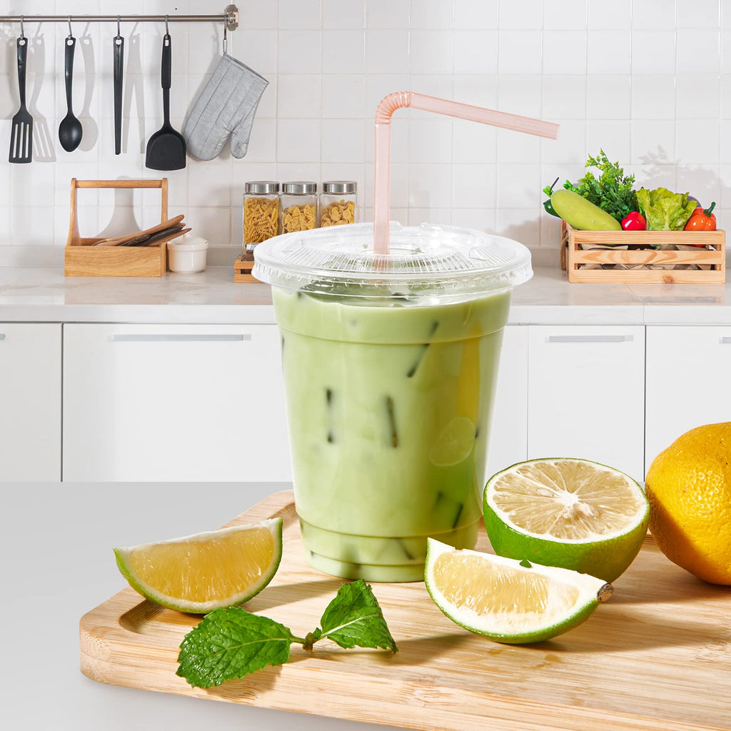 FOCUSLINE 200 PACK 12oz Clear Plastic Cups, Disposable Cold Drinking Cups, 12 Ounce Clear Cups with Dome Lids with Holes for Smoothie, Milkshake, Bubble Tea, Parfait