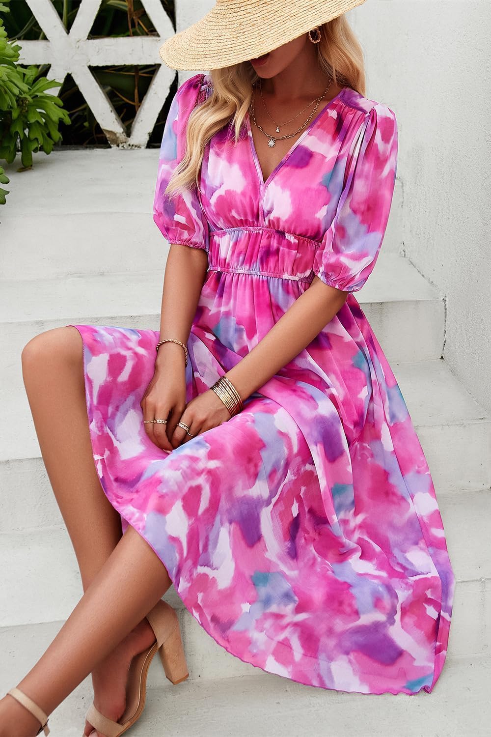 UEAL Womens Floral Flowy Wrap V Neck Midi Dress Short Sleeve Elastic Waist Casual Spring Summer Dresses for Women 2025