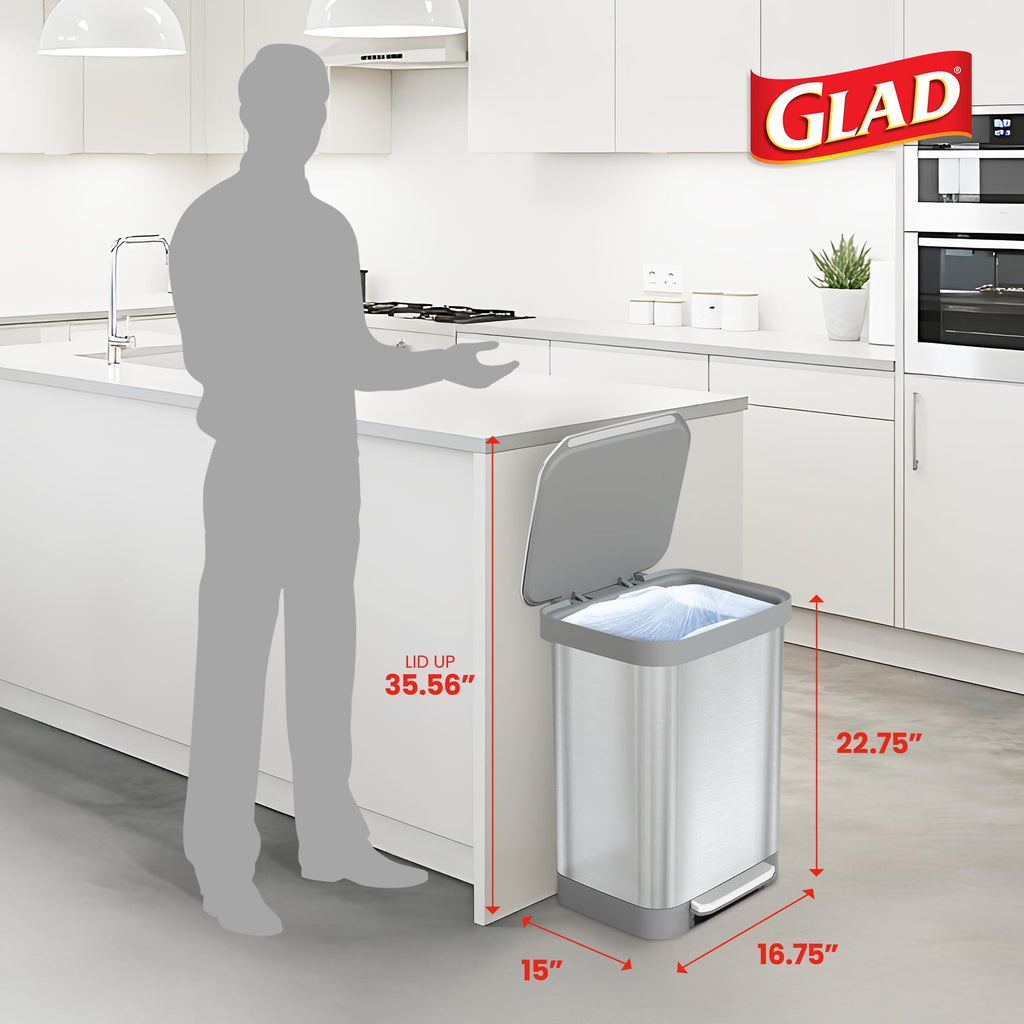 Glad 13 Gallon All Brushed Stainless Steel Trash Can with Clorox Odor Protection | Large Metal Kitchen Garbage Bin with Soft Close Lid, Garbage Bag Rings, Step On Foot Pedal and Waste Bag Roll Holder