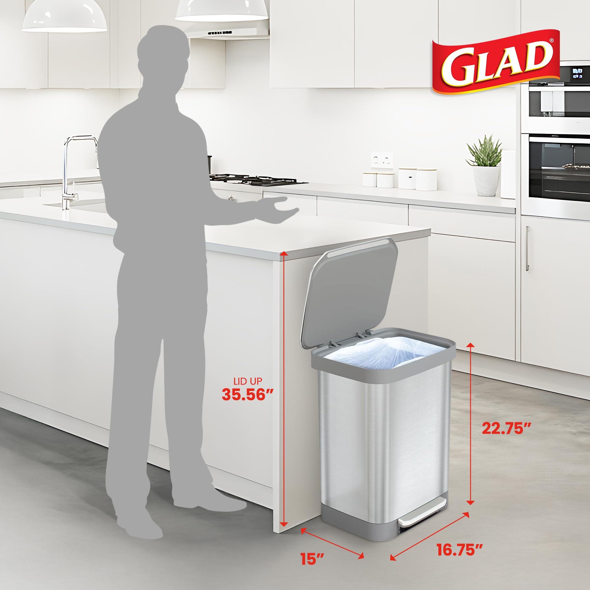 Glad 13 Gallon All Brushed Stainless Steel Trash Can with Clorox Odor Protection | Large Metal Kitchen Garbage Bin with Soft Close Lid, Garbage Bag Rings, Step On Foot Pedal and Waste Bag Roll Holder