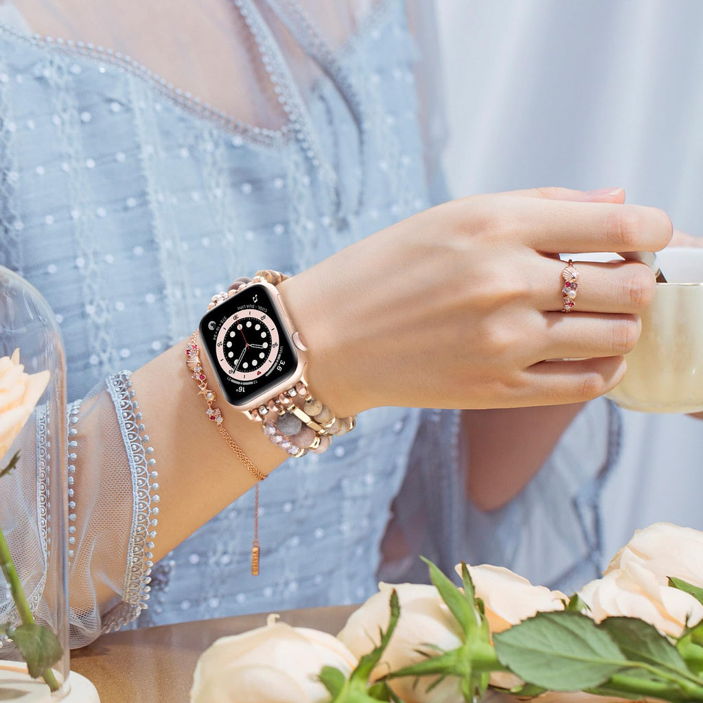 VISOOM Beaded Boho Bracelet Compatible for Apple Watch Band 40mm/38mm/41mm/42mm Series 11 10 9 8 7 SE Series 6/5/4 Women Fashion Cute Handmade Crystal Beads Stretchy Watch Strap for iWatch Bands 3/2/1