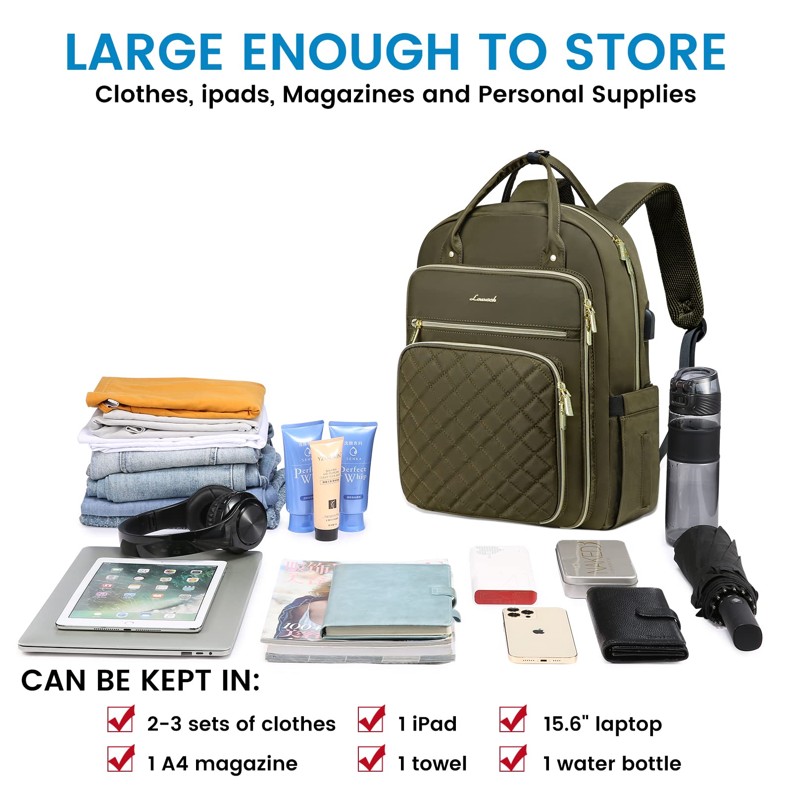 LOVEVOOK Laptop Backpack for Women, Water Resistant Travel Work Backpacks Purse College Business Teacher Nurse Computer bag with USB Charging Port