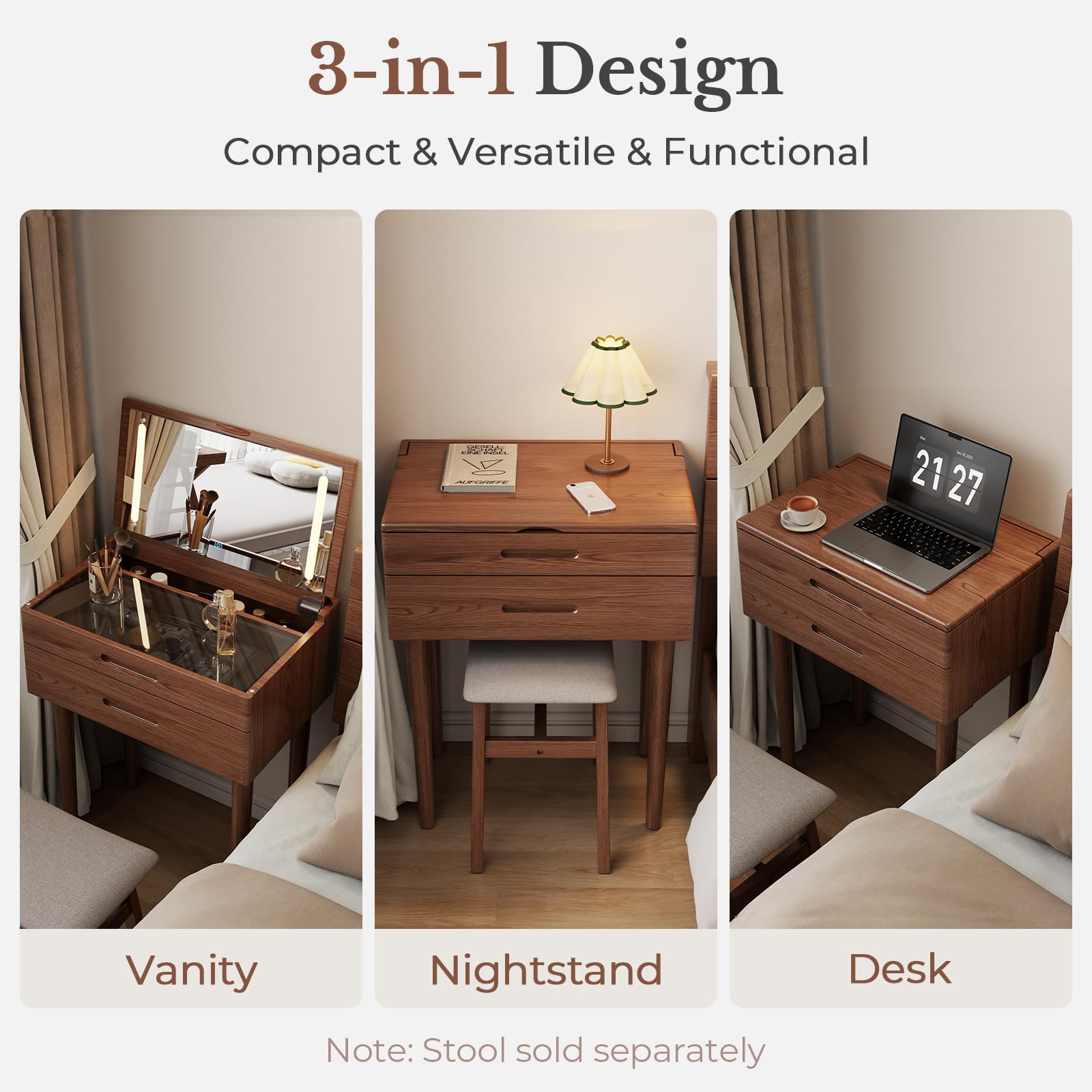 Muwuele Solid Wood Small Vanity Desk with Mirror and Lights, Narrow Makeup Vanity for Small Space, Flip Top Vanity Side Table, 3 Color Modes & Adjustable Brightness, 19.6" Slim Dressing Table, Black