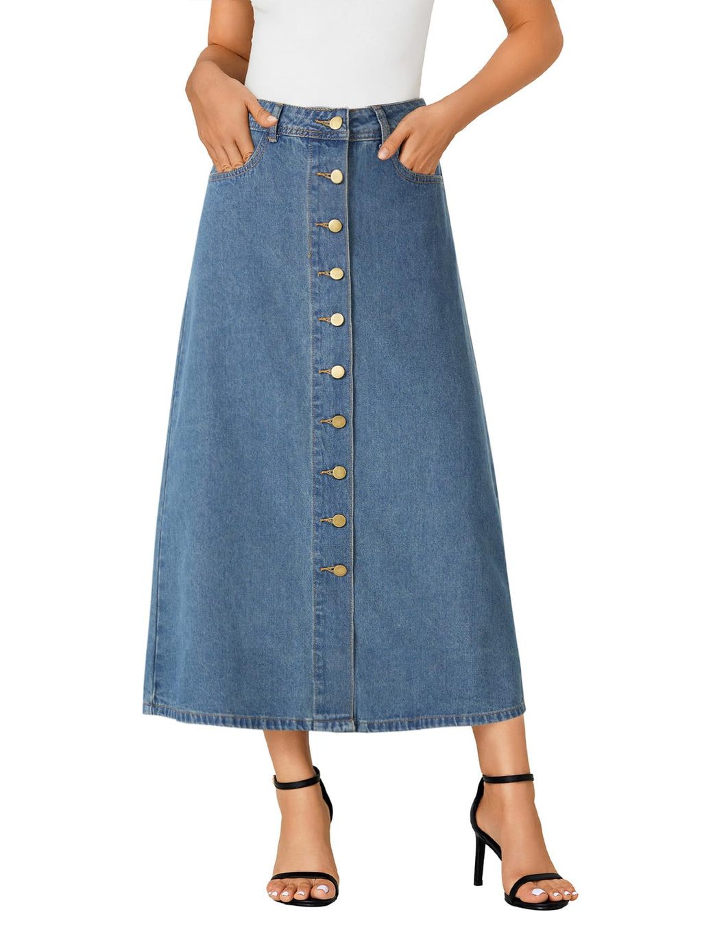 Vrtige Women's Casual Button Down High Waisted A Line Jean Midi Long Denim Skirt with Pockets