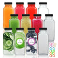 STARSIDE 8 oz Glass Juice Bottles with Lids 12 Pack - Square Reusable Drinking Jars for Juicing, Milk, Kombucha - Includes 1 Bottle Brush, 12 Colored Labels