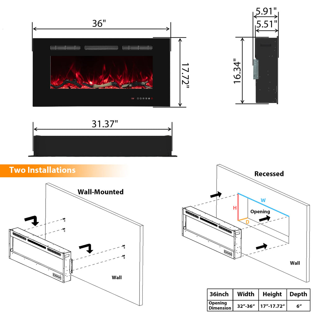 Electric Fireplace 30 inch Wide, Wall Mounted Fireplace Inserts Electric Heater, 13 * 13 Flame Effects Like Real Flame, Low Noise, Timer & Thermostat Setting, 750W/1500W, Black