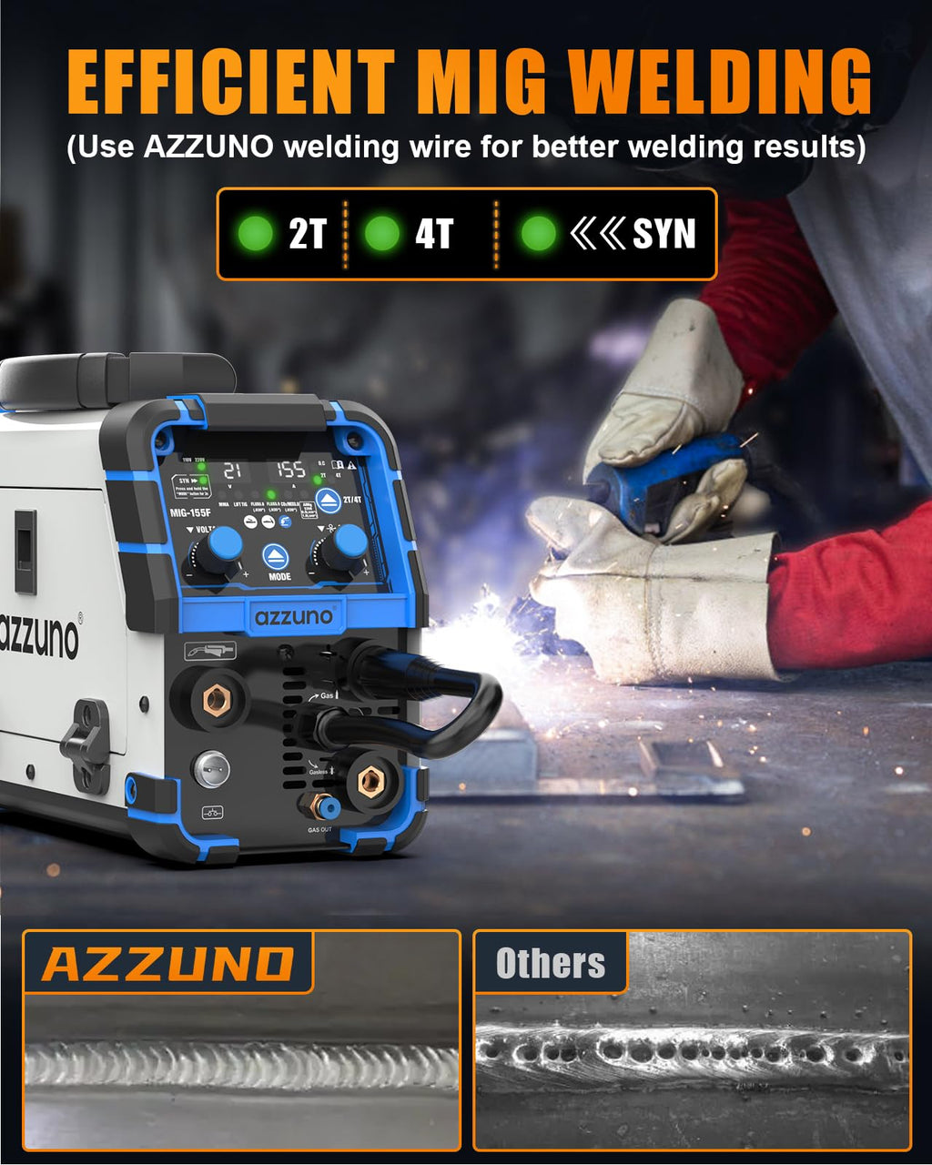 AZZUNO MIG Welder Machine 110V/220V, 155Amp 5-in-1 Gas MIG/Aluminum MIG/Gasless Flux MIG/Lift TIG/Stick Welding Machine, Wire Feed Welder