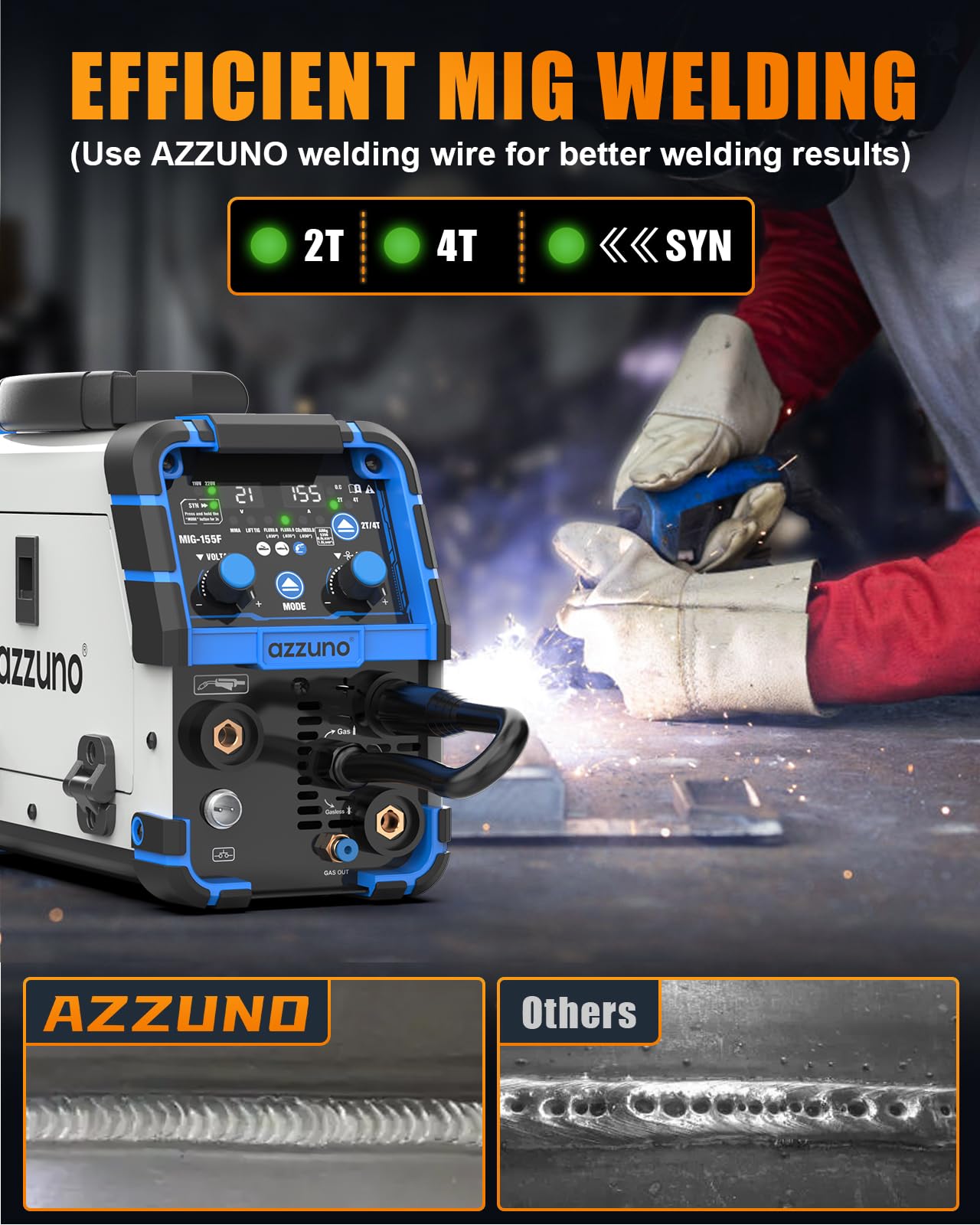 AZZUNO MIG Welder Machine 110V/220V, 155Amp 5-in-1 Gas MIG/Aluminum MIG/Gasless Flux MIG/Lift TIG/Stick Welding Machine, Wire Feed Welder