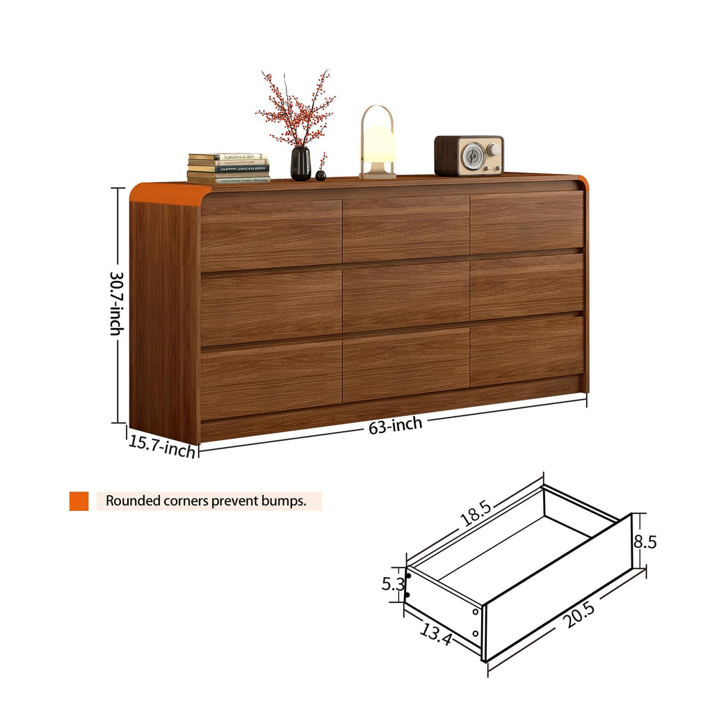 Messenya Modern 6 Drawer Dresser, 47-Inch Wood Chest of Drawers, Curved Anti-Collision Design, Mid-Century Storage Cabinet, Pre-Embedded Slots, for Bedroom, Living Room, TV Stand, Nursery