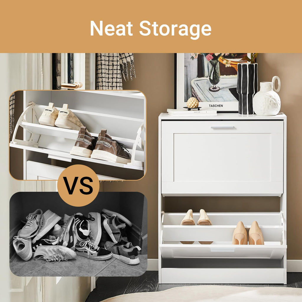 Haotian Shoe Cabinet Storage for Entryway, Narrow Shoe Cabinet with Two Flip Drawers to Save Space, Shoe Rack Cabinet for Front Door Entrance Hallway (Black)