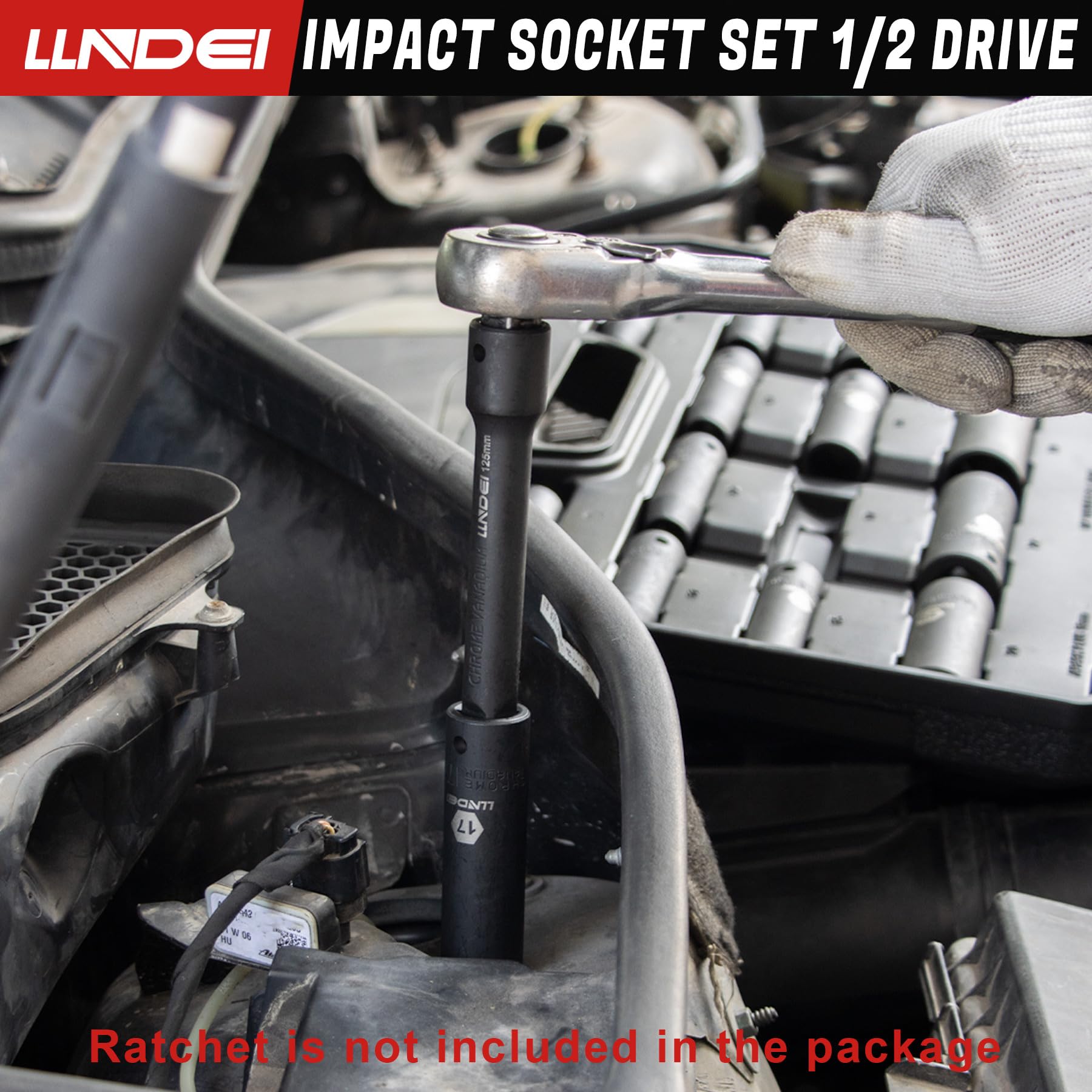 LLNDEI 1/2 inch Drive Deep Impact Socket Set, 37 Piece Standard SAE 3/8" to 1-1/4" | Metric 8 to 24mm, Includes Spark Plug Socket (16, 21mm), CR-MO Universal Joint, Extension Bars and Adapter