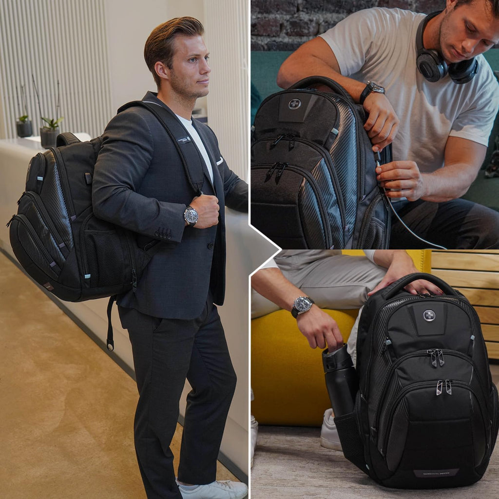 Swissdigital Design Travel Backpack for Women or Men, TSA Friendly USB Charging RFID Protection Business Carry on Bag Fits 15.6" Laptop Backpack Black | J14-BR