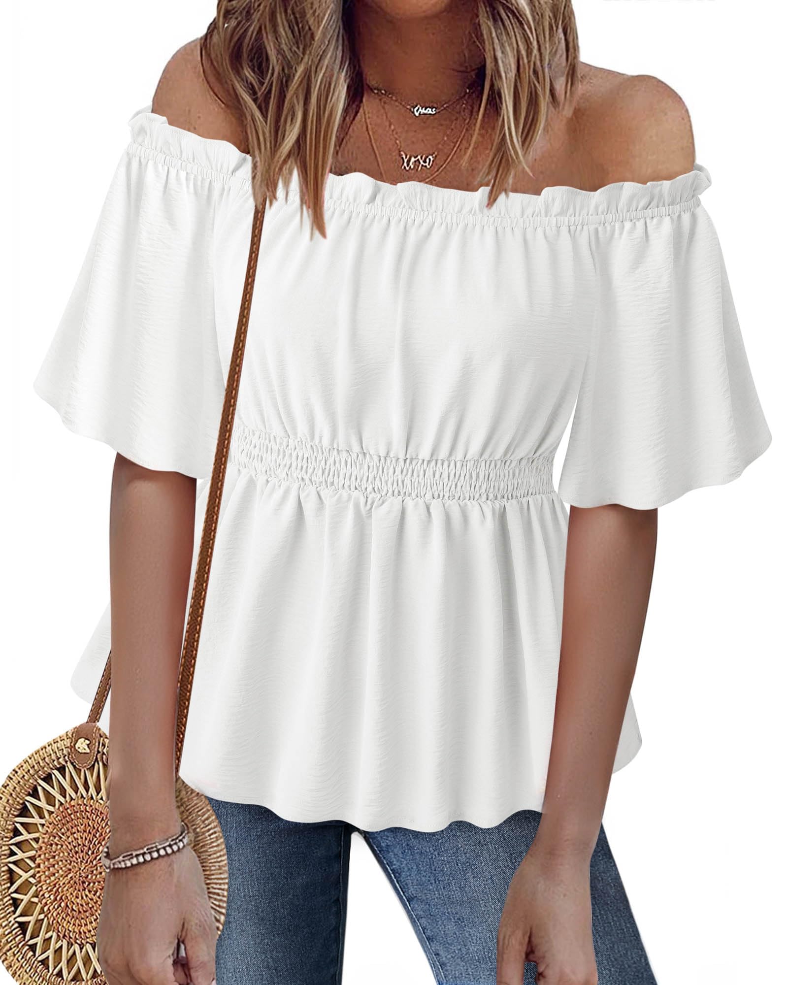 Bebonnie Women's Summer Sexy Off The Shoulder Peplum Tops Ruffle Sleeve Dressy Blouses