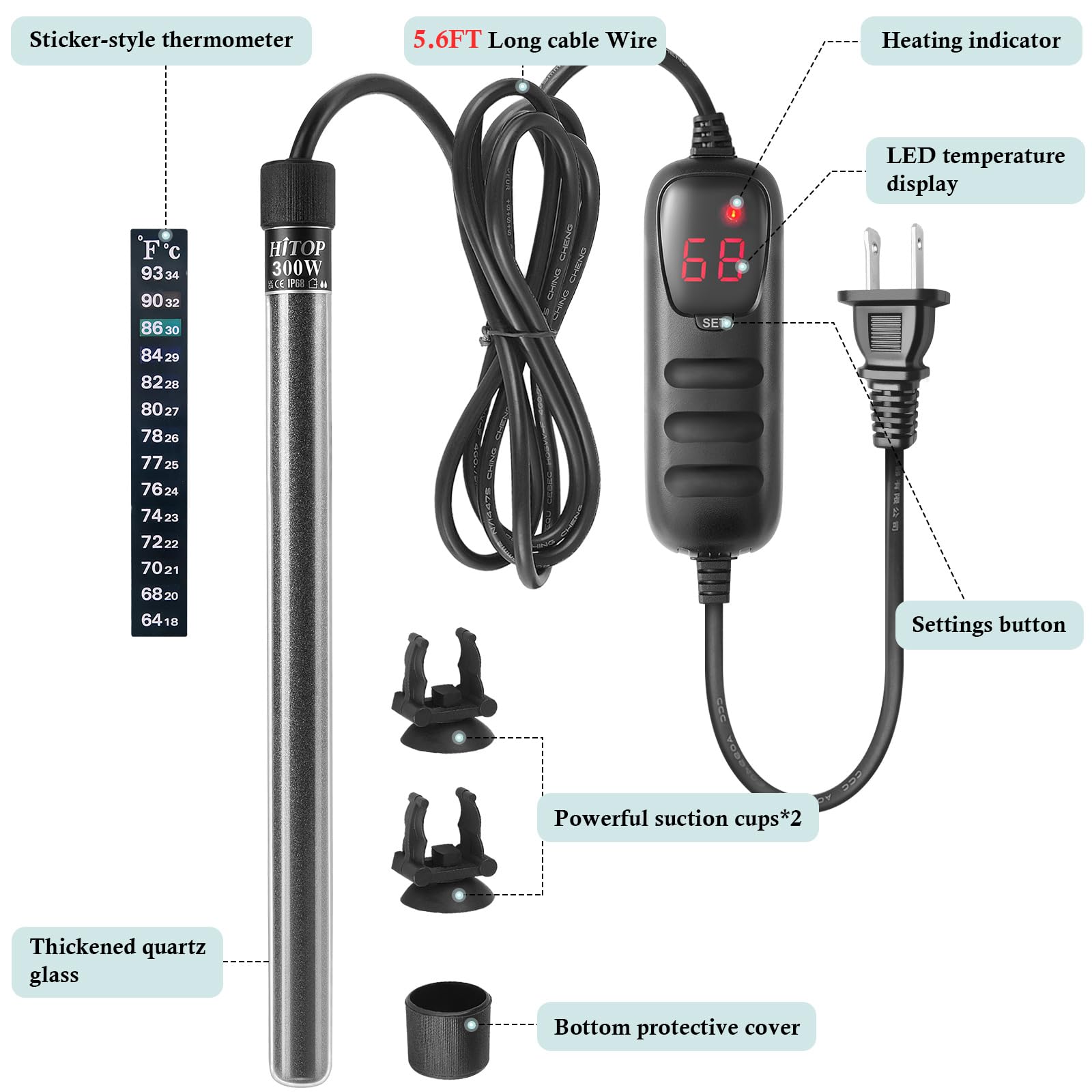 HITOP Compact Submersible Aquarium Heater -25W Digital Heater for Fish Tank Turtle Tank, for Saltwater and Fresh Water with Temperature Controller