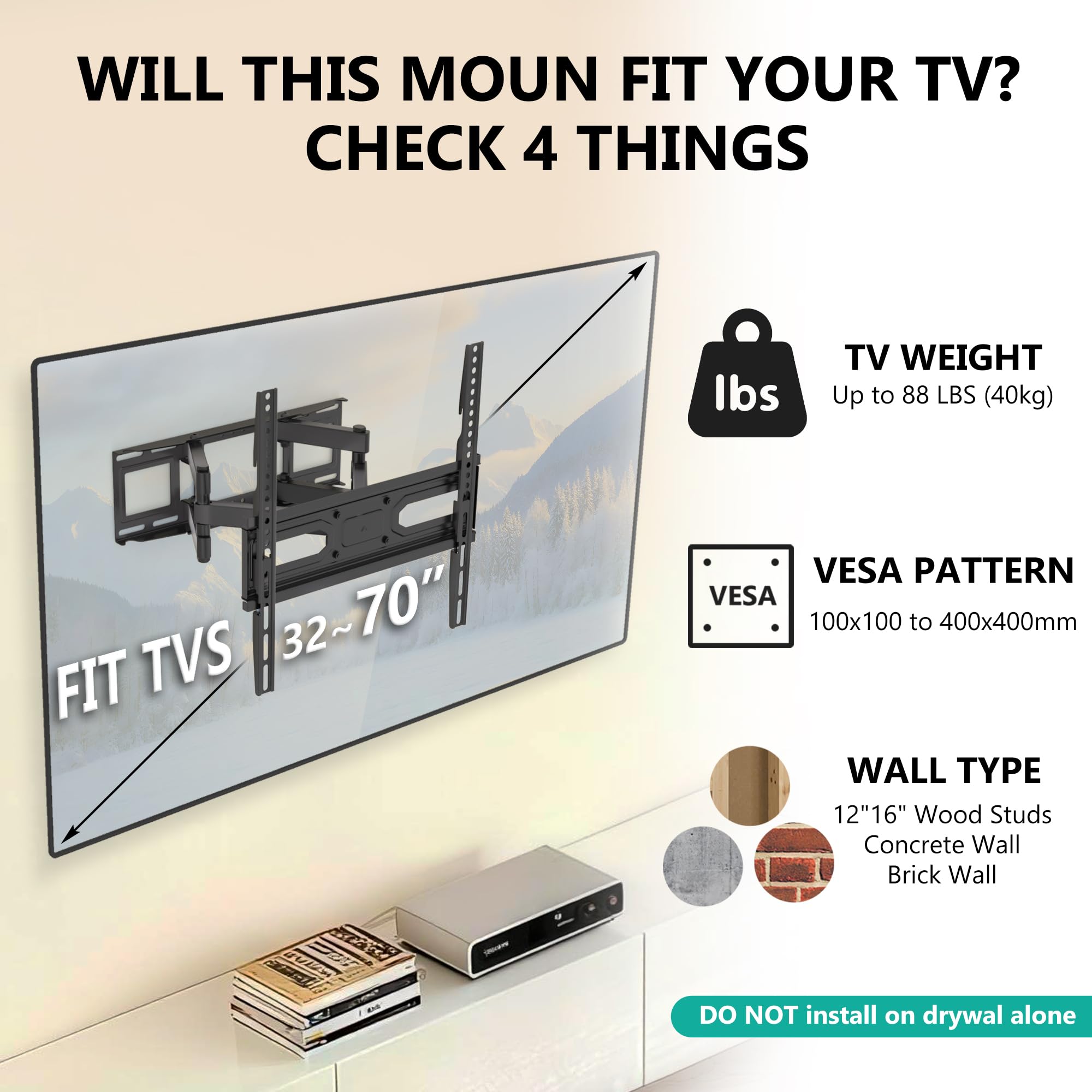 WALI Full Motion TV Wall Mount for 32–70 Inch TVs – Dual Articulating Mount with Swivel, Tilt & Extension | VESA up to 400x400mm | Fits 12/16" Wood Studs | Holds Up to 88 lbs