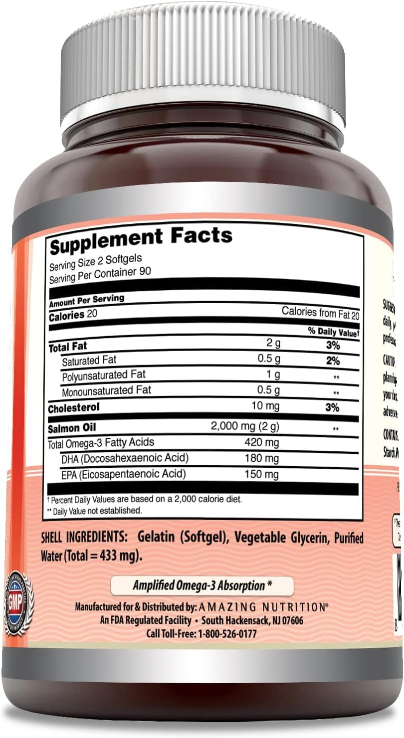 Amazing Omega Wild Alaskan Salmon Oil Supplement | 2000 Mg per Serving | 180 Softgels | Non-GMO | Gluten-Free | Made in USA