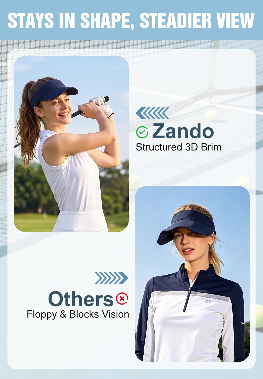 Zando 3.2" Structured Brim Sun Visor Hats for Women, Quick-Dry Lightweight Sports Visor for Golf, Tennis, Pickleball