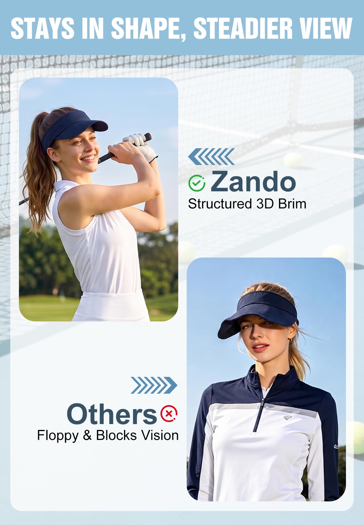 Zando 3.2" Structured Brim Sun Visor Hats for Women, Quick-Dry Lightweight Sports Visor for Golf, Tennis, Pickleball