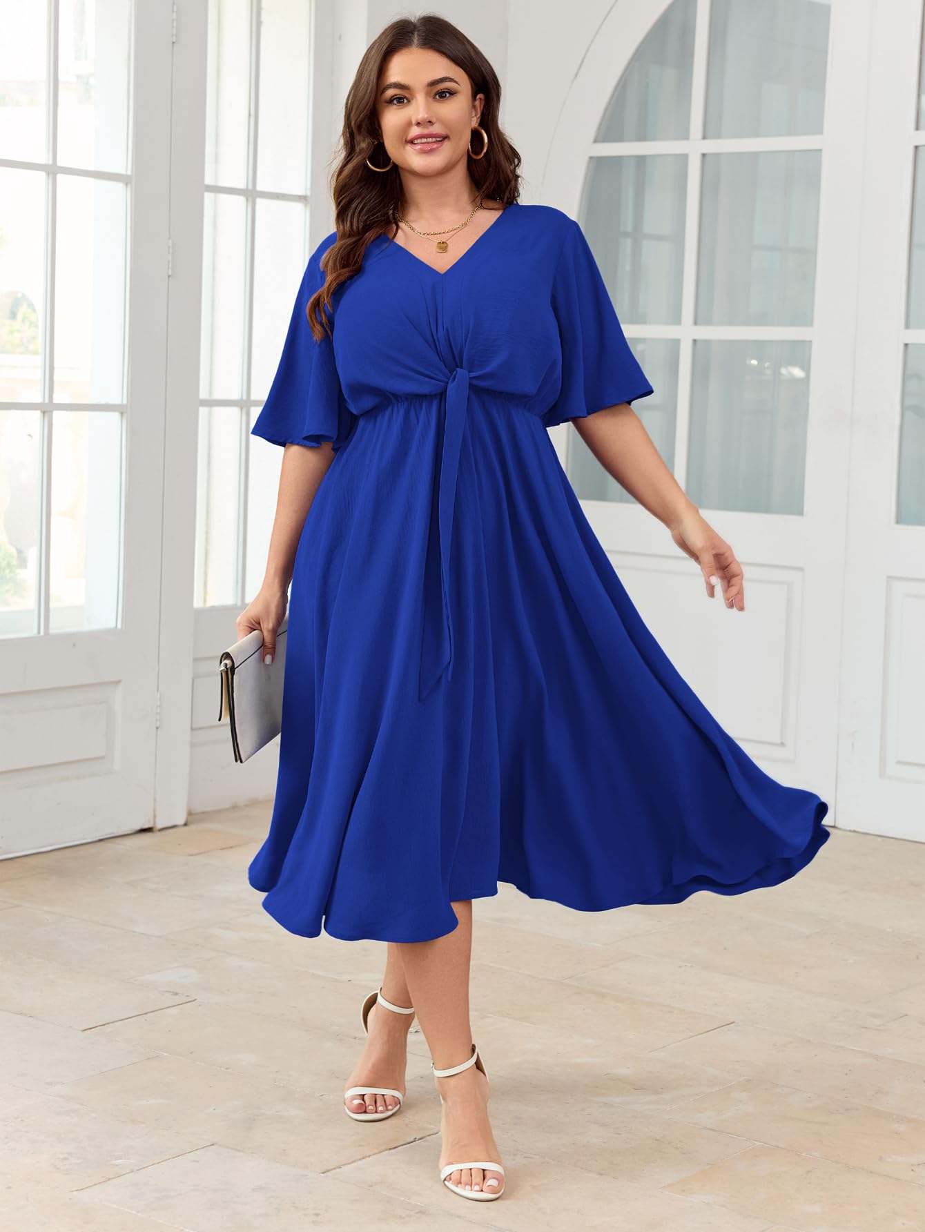SCOMCHIC Women Plus Size Midi Dresses Wedding Guest Short Sleeve V Neck Tie Waist Casual Summer Flowy A Line Dress