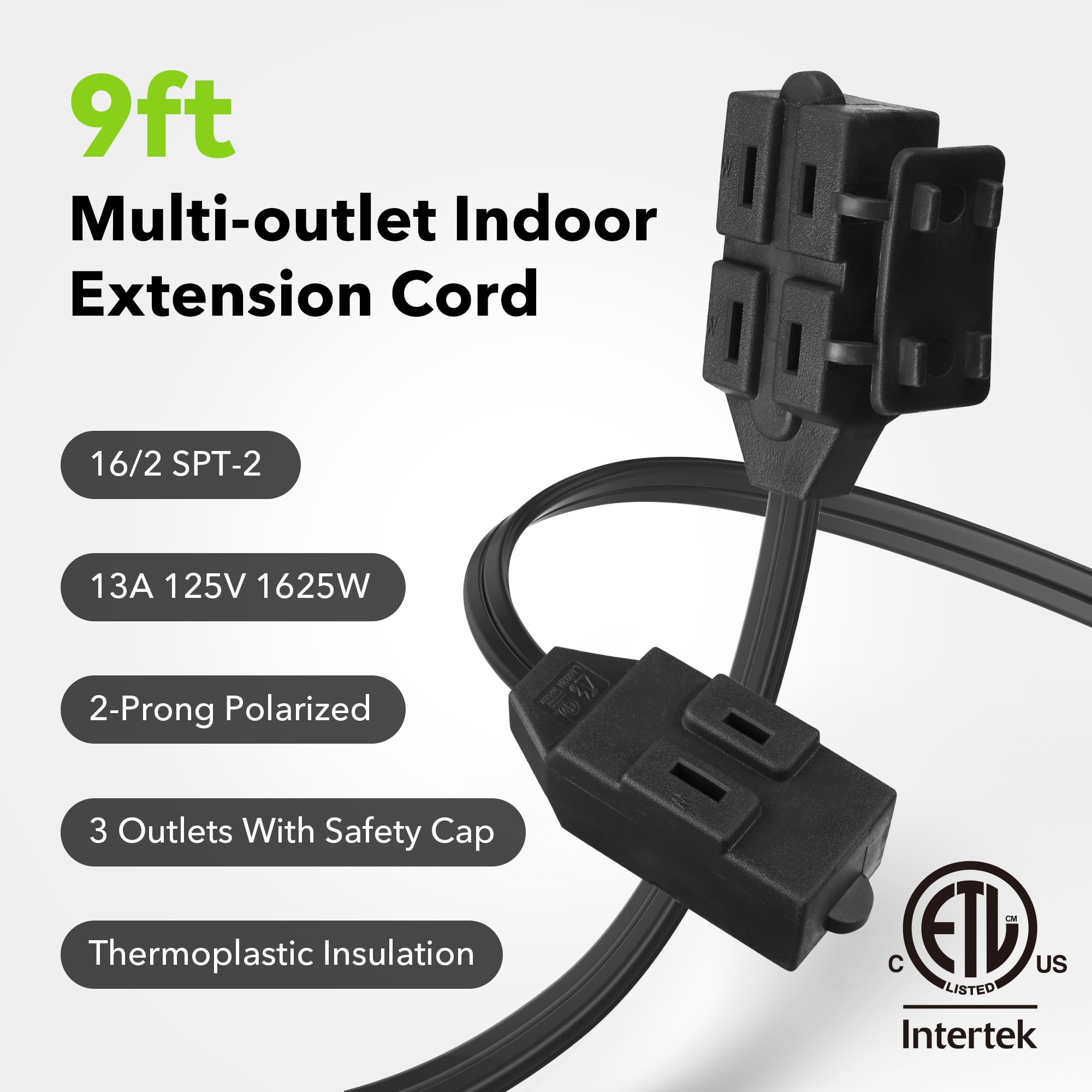 BN-LINK 6ft Indoor Extension Cord, 2 Pack, 3-Outlet Polarized Flat Cable, Household Power Cord for Home, Office, and Holiday Decorations, Black