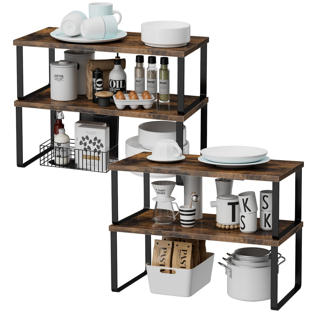 OGEMXU Cabinet Shelf Organizers, 15.7 inches Large Kitchen Counter Shelf, Set of 2 Wood Kitchen Pantry Organizer, Storage Shelves for Countertop, Spice Rack, Stackable, Expandable, Metal Black, Brown