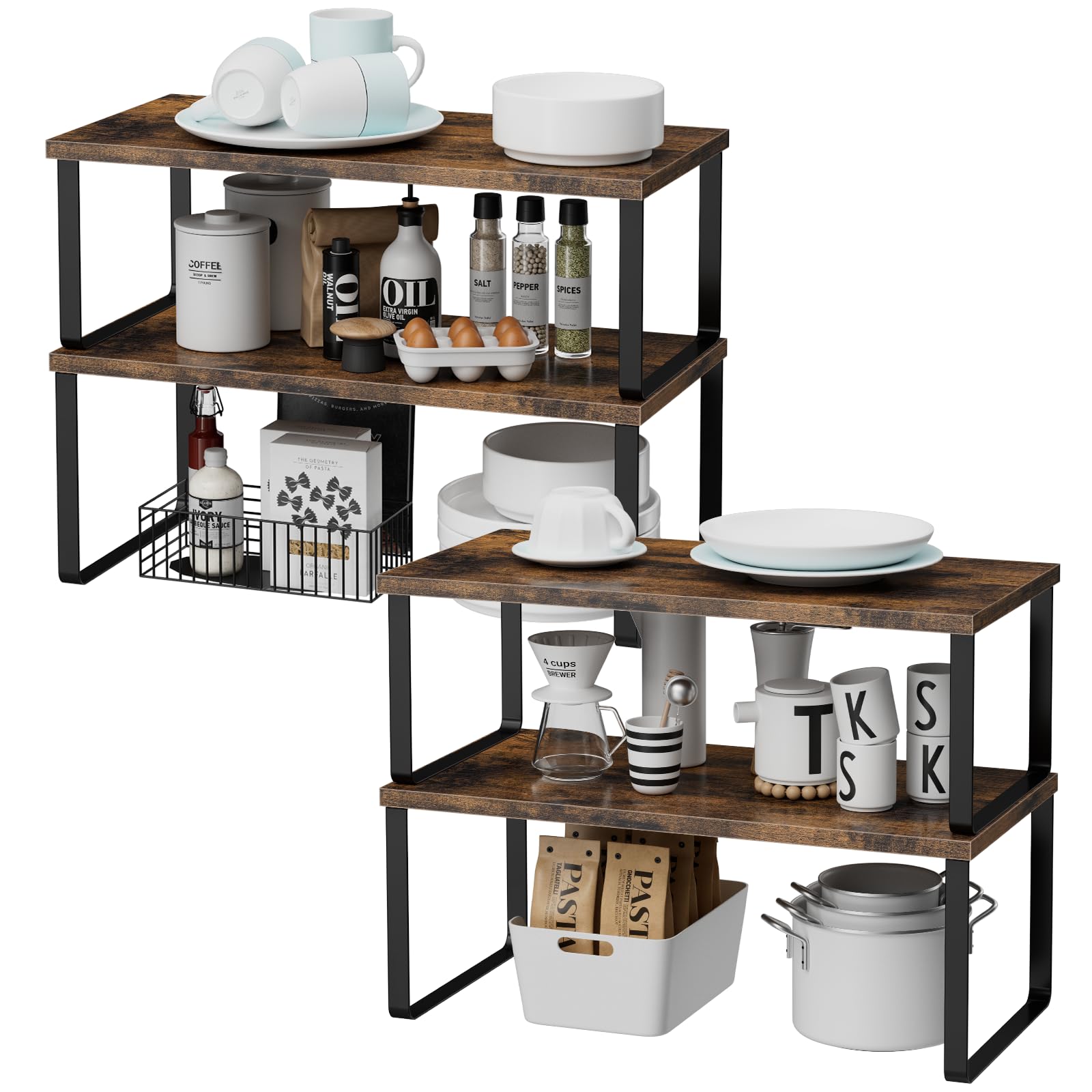 OGEMXU Cabinet Shelf Organizers, 15.7 inches Large Kitchen Counter Shelf, Set of 2 Wood Kitchen Pantry Organizer, Storage Shelves for Countertop, Spice Rack, Stackable, Expandable, Metal Black, Brown